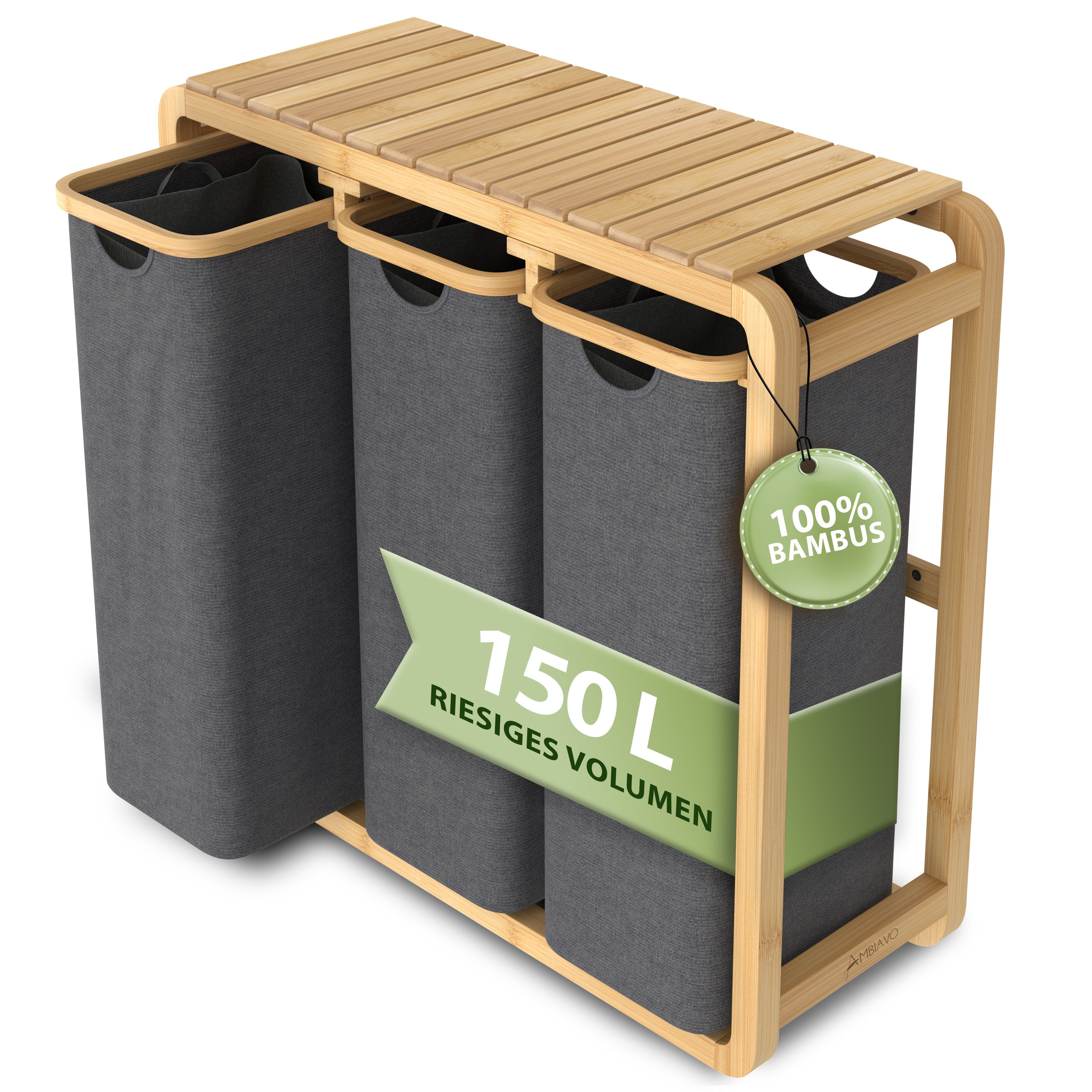AMBIAVO Wäschekorb 3 Fächer mit waschbaren Baumwollsäcken, 150 L Volumen, s günstig online kaufen