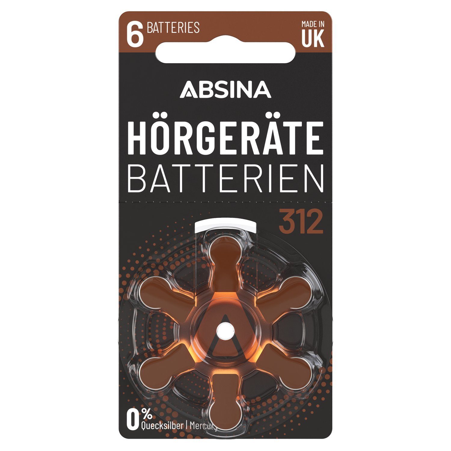 ABSINA 6x Hörgerätebatterien PR41 (1 St) 312 ZL3 - für 312 Typ Batterien Hörgeräte Knopfzelle