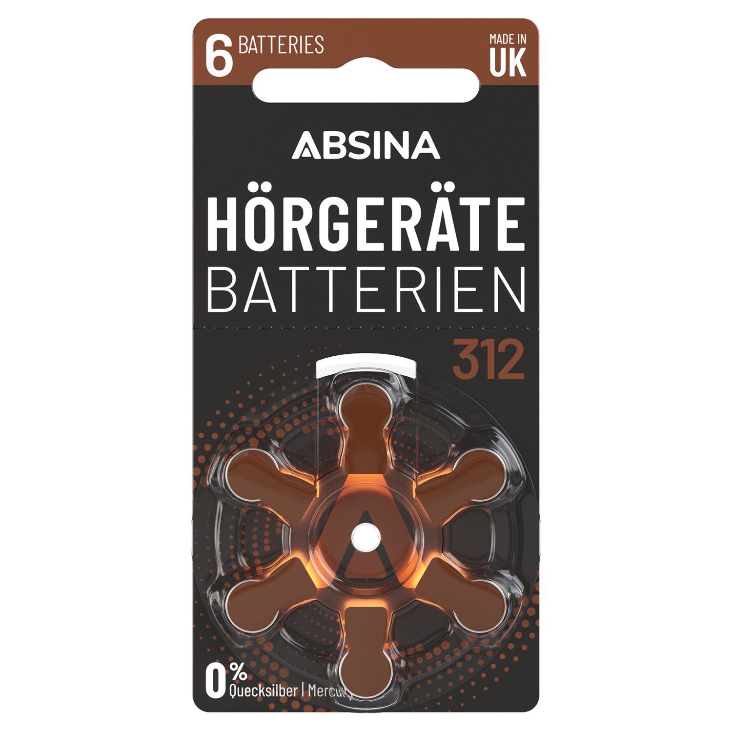 ABSINA 6x Hörgerätebatterien 312 - Batterien für Hörgeräte Typ 312 PR41 ZL3 Knopfzelle, (1 St)