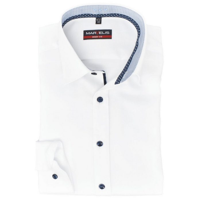 MARVELIS Businesshemd Businesshemd - Body Fit - Langarm - Einfarbig - Weiß mit Besatz Kontrastknöpfe