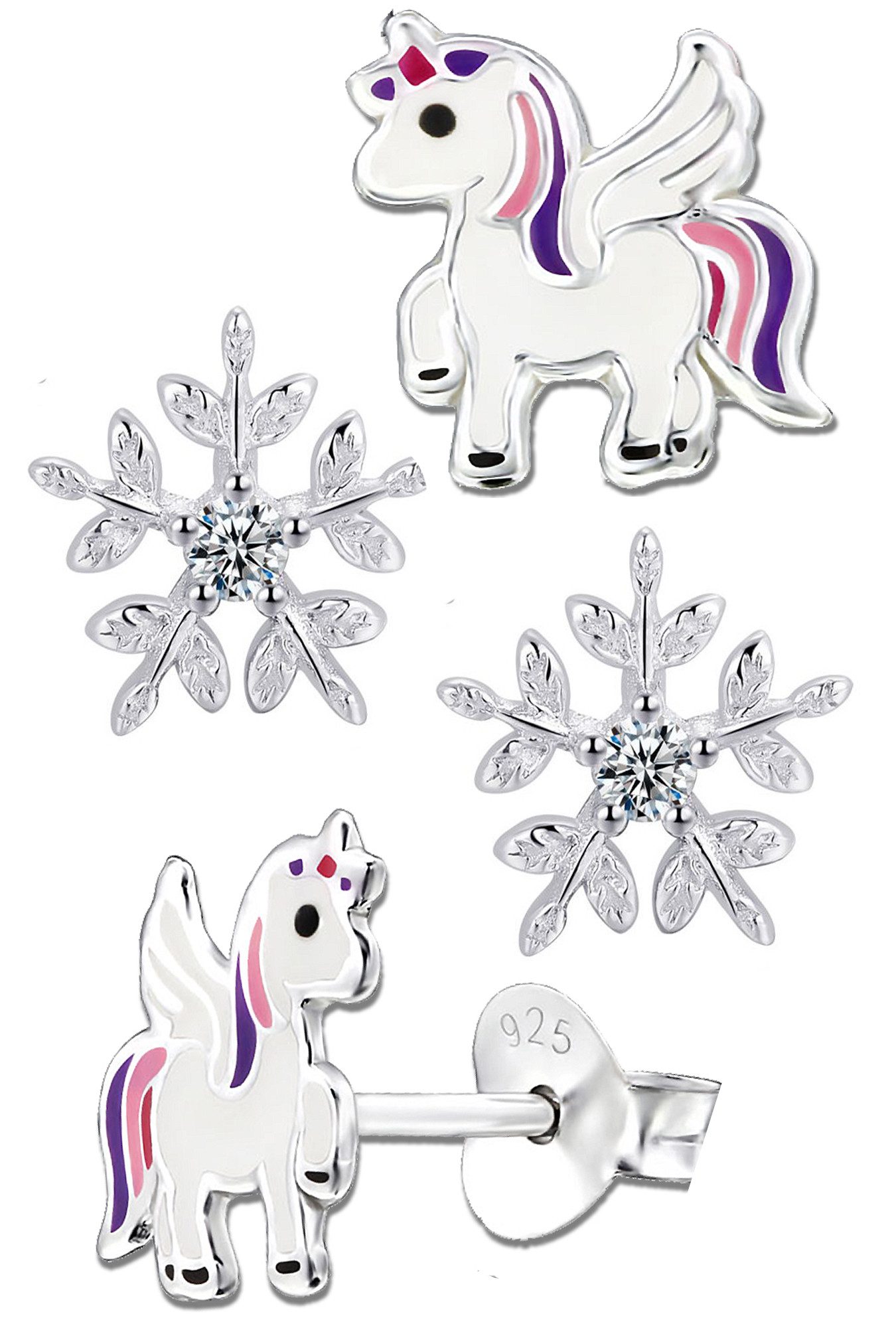 Limana Ohrstecker-Set Ohrringe echt 925 Silber Einhorn Pferde Sterne Schneeflocke, Geschenkidee Winter Weihnachten Kinderohrringe
