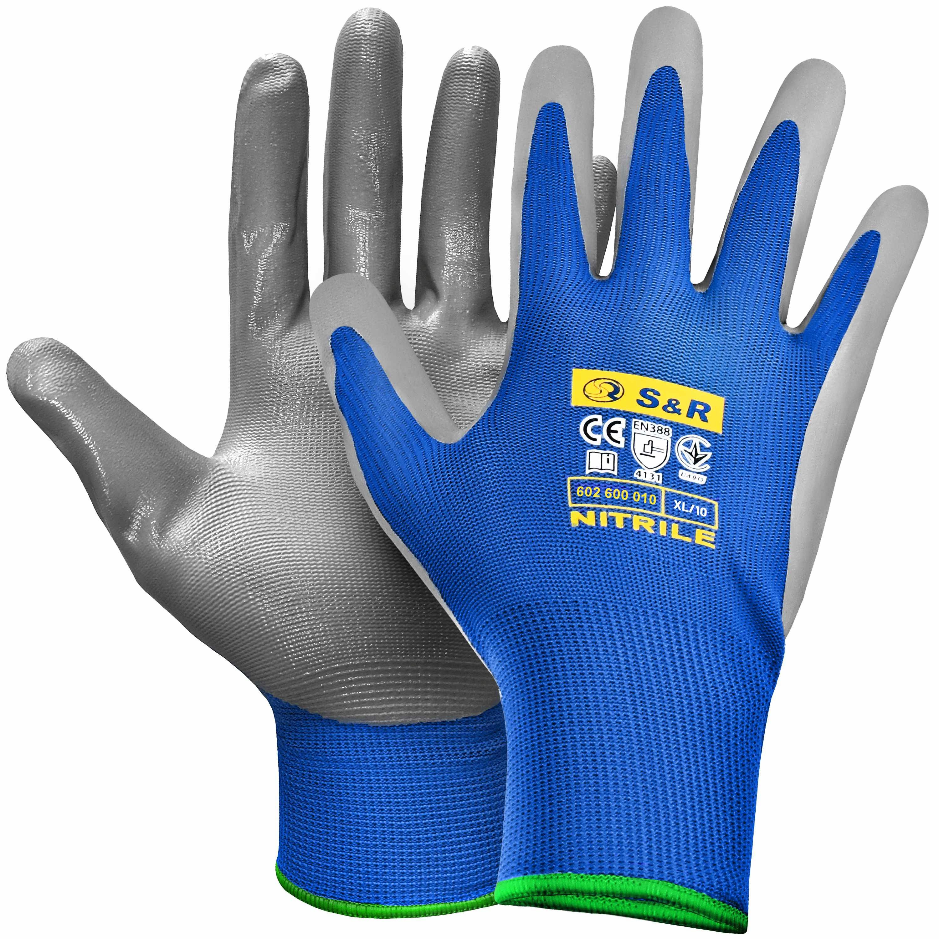 S&R Arbeitshandschuhe mit Polyester-Futter und Nitrilbeschichtung, Anti-Rutsch Nitril (Set, 12-St., 12 Paar in XL/10) Arbeitshandschuhe für Montage, Bauen, Restauration