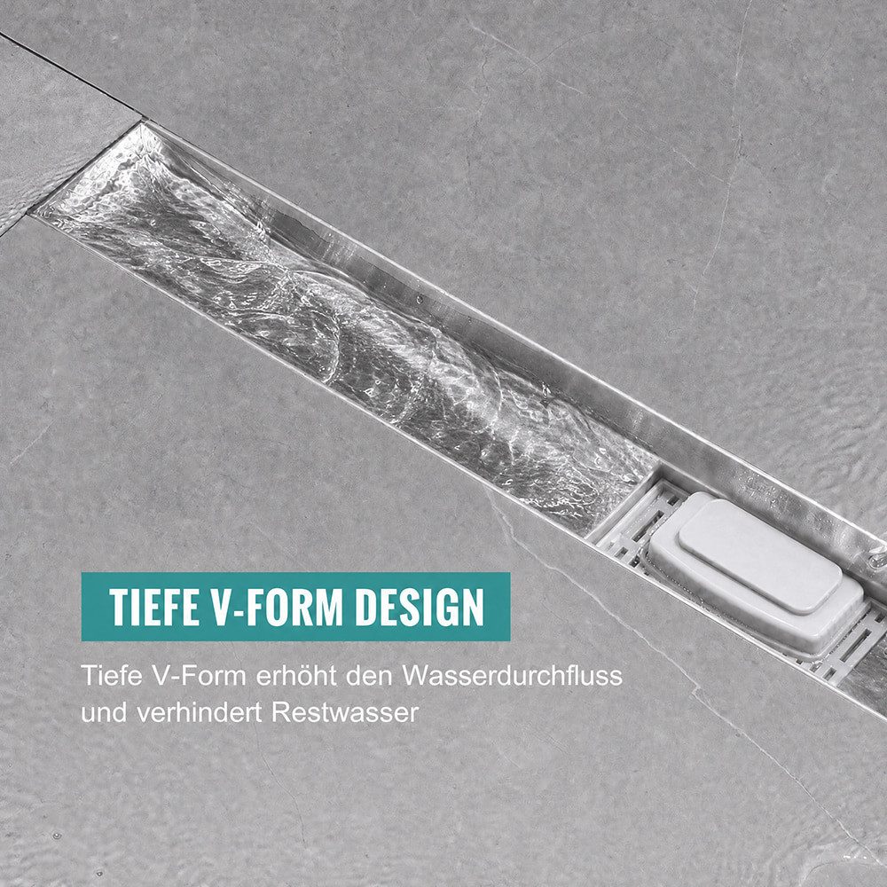 SaniteModar Duschrinne Extra flacher Edelstahl-Bodenablauf Komplettset mit Siphon & Haarsieb, 1-St., Schnelle Wasserableitung bis 40 l/min, 70 cm