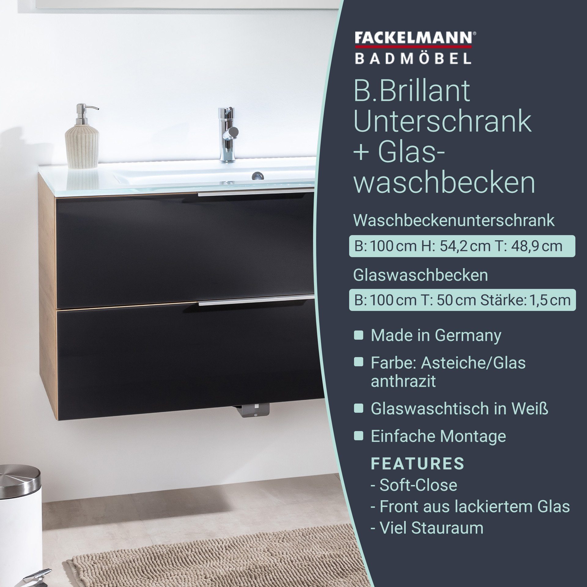 FACKELMANN Waschbeckenunterschrank B.Brillant Waschbeckenunterschrank + weißem Waschbecken aus Glas
