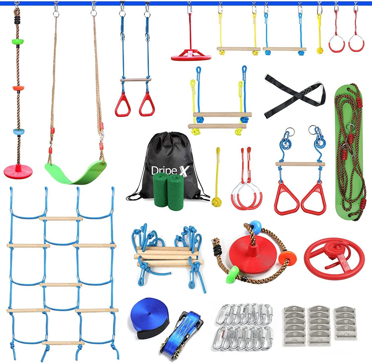 Dripex Slackline Hindernisparcours-Kit für Kinder 18 Meter mit Seilschaukel