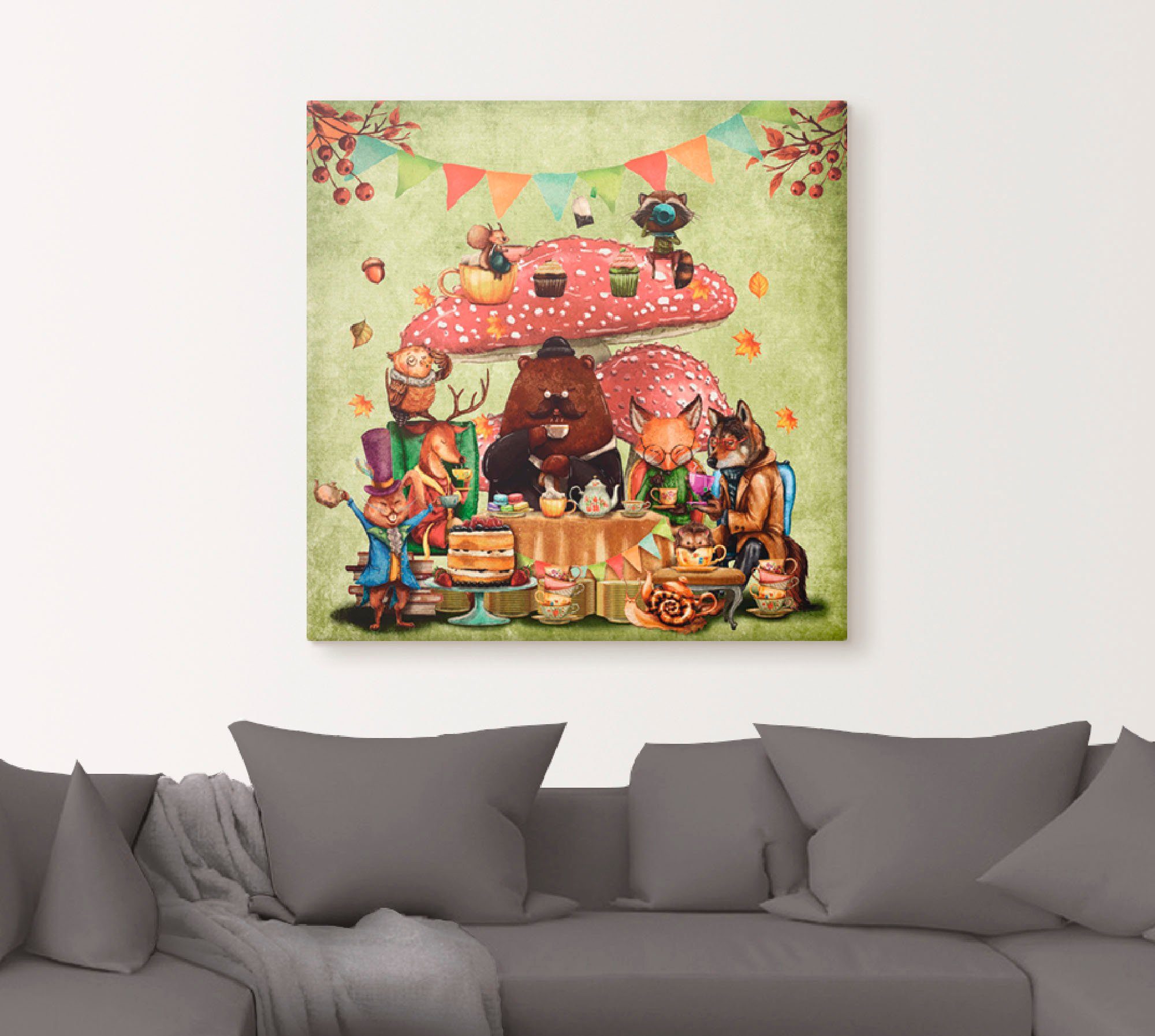 Artland Leinwandbild Wald Freunde Fliegenpilz Teetrinken, Animal Fantasy (1 St), auf Holzrahmen gespannt