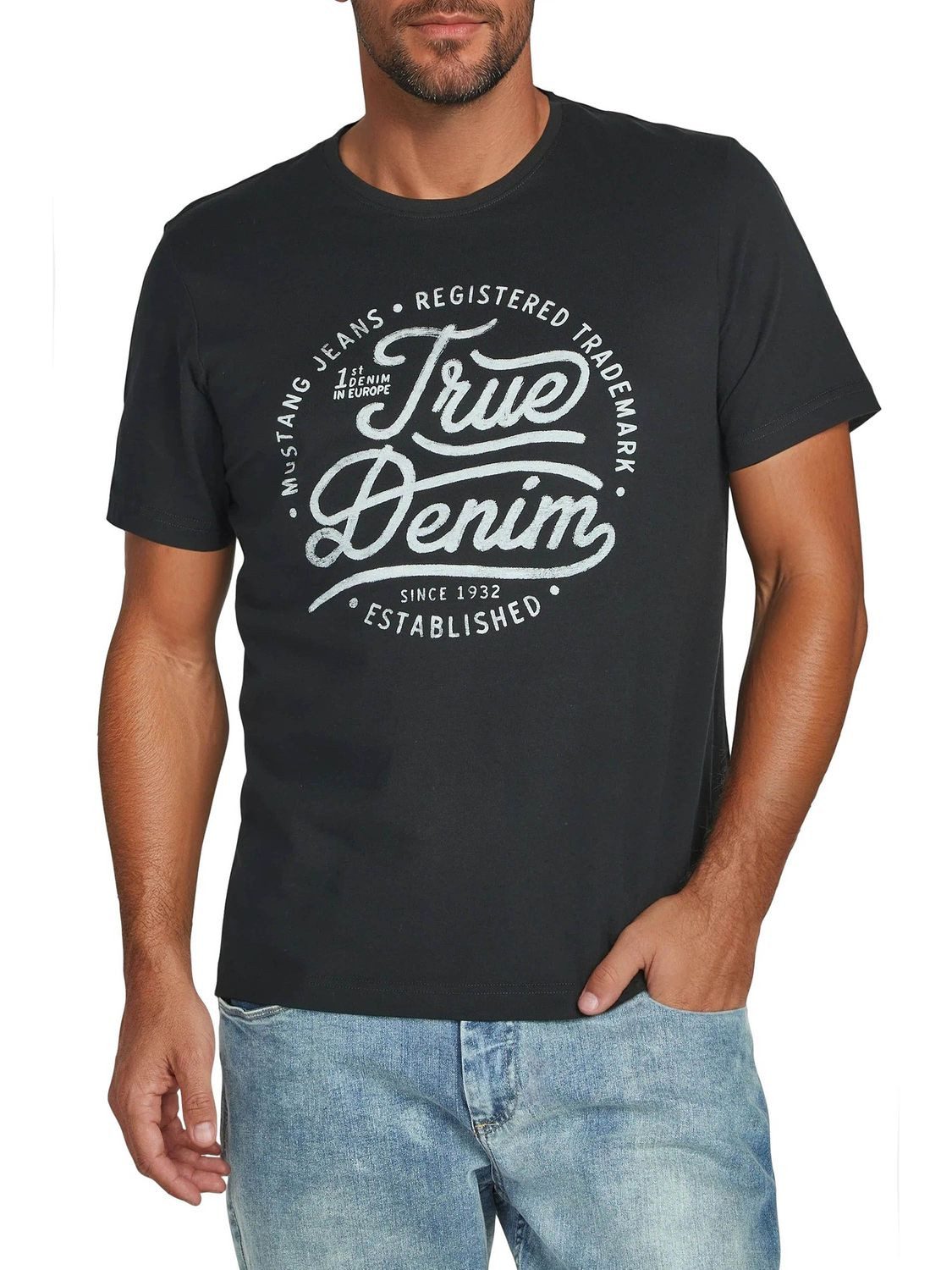 MUSTANG T-Shirt Herren Printshirt Regular Fit (1-tlg) Kurzarm Tee Shirt mit Rundhalsausschnitt aus 100% Baumwolle