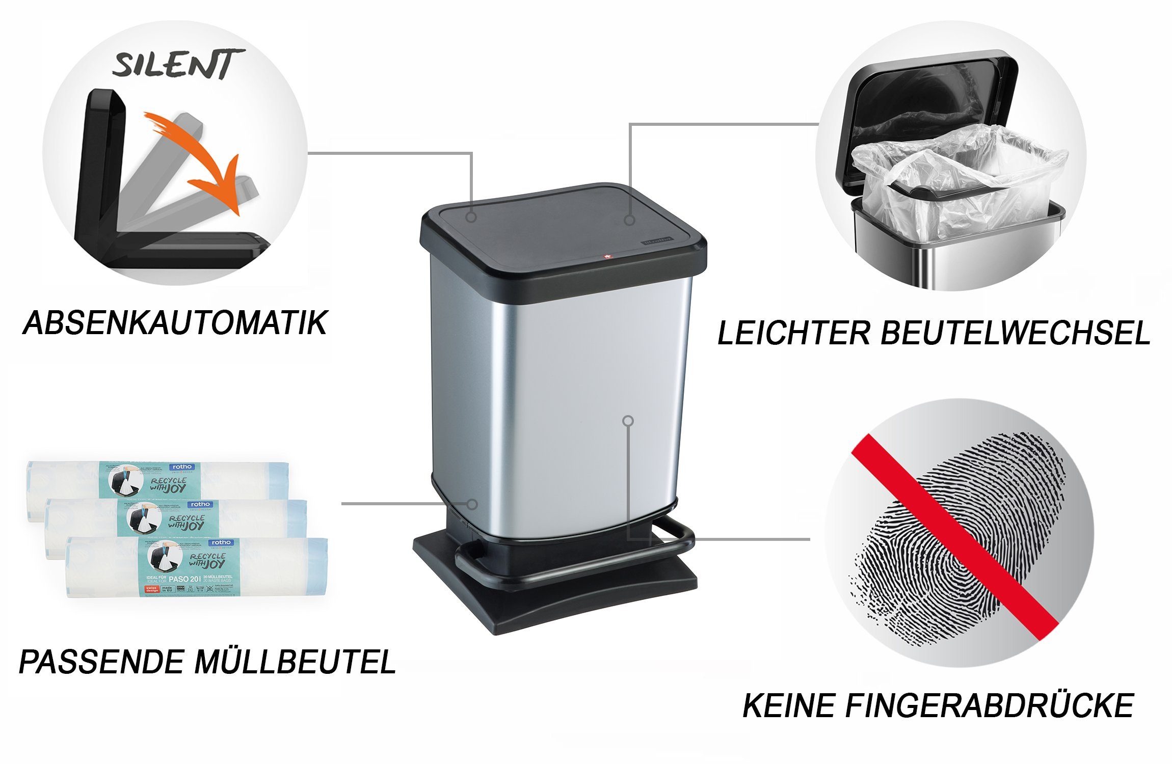Schweiz hergestellt Mülleimer l 15 20 mit ROTHO Mülleimer Müllbeutel, der Set Paso Silber 3x in passenden metallic