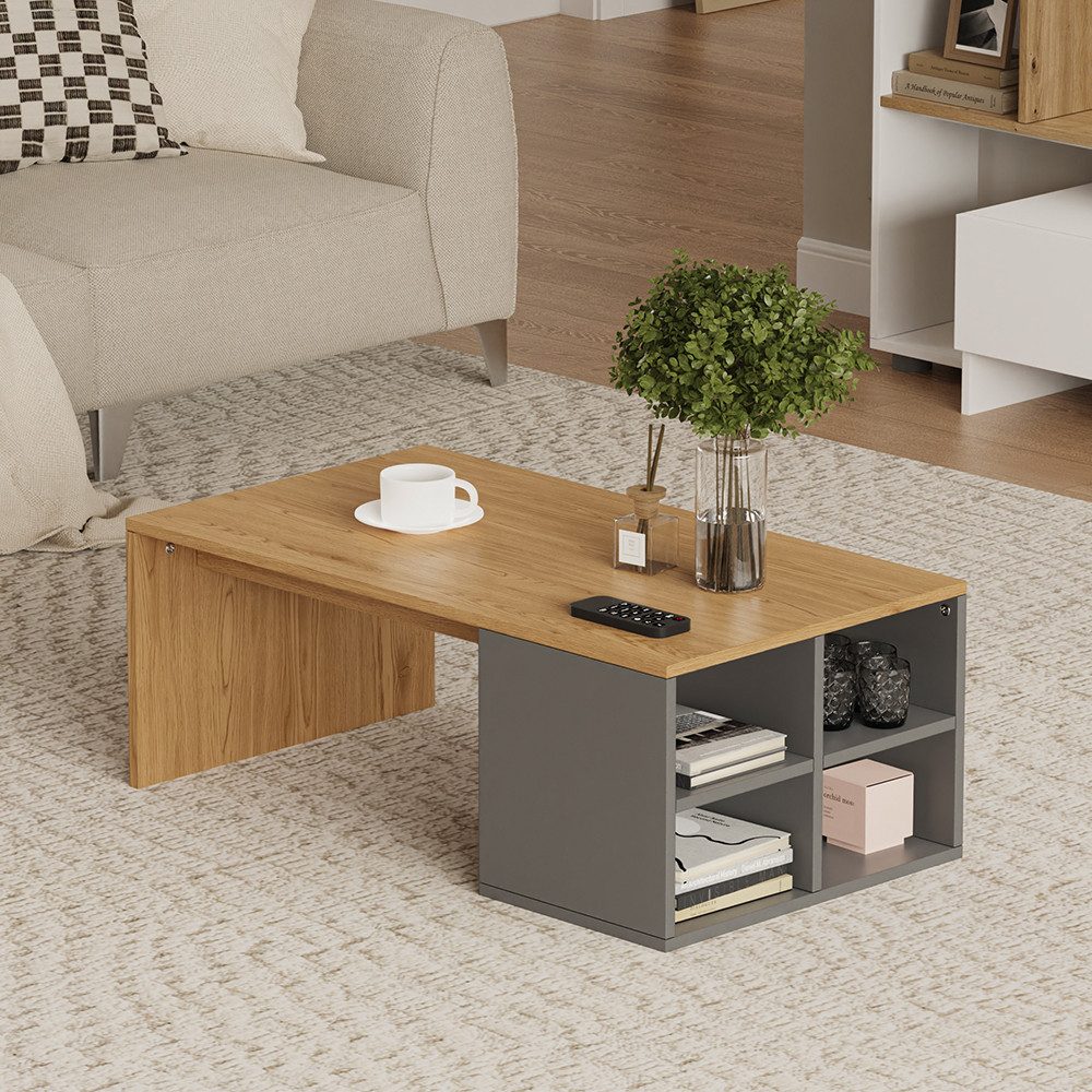 Vicco Couchtisch Kivo, Anthrazit/Eiche/Eiche, 90 x 50 cm mit 4 offenen Fächern (1-St)