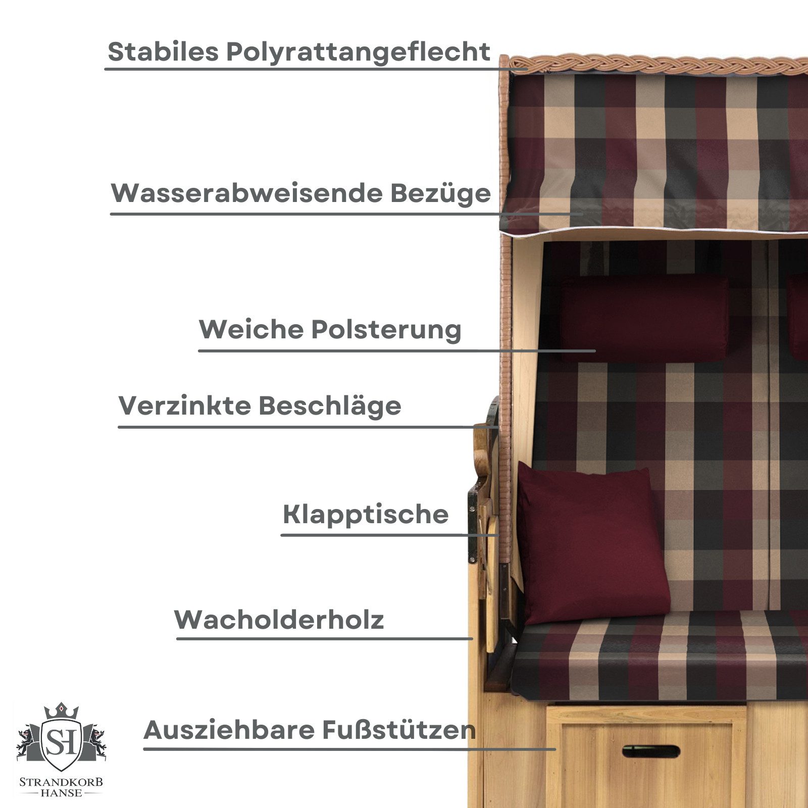 Strandkorb Hanse Strandkorb Strandkorb 2-Sitzer Ostsee Volllieger Beige Rot, BxTxH: 120x80x160 cm, Ostsee Volllieger, Ostsee 2-Sitzer Modell 2025, Stabiles Wach – Bild 5 von 5