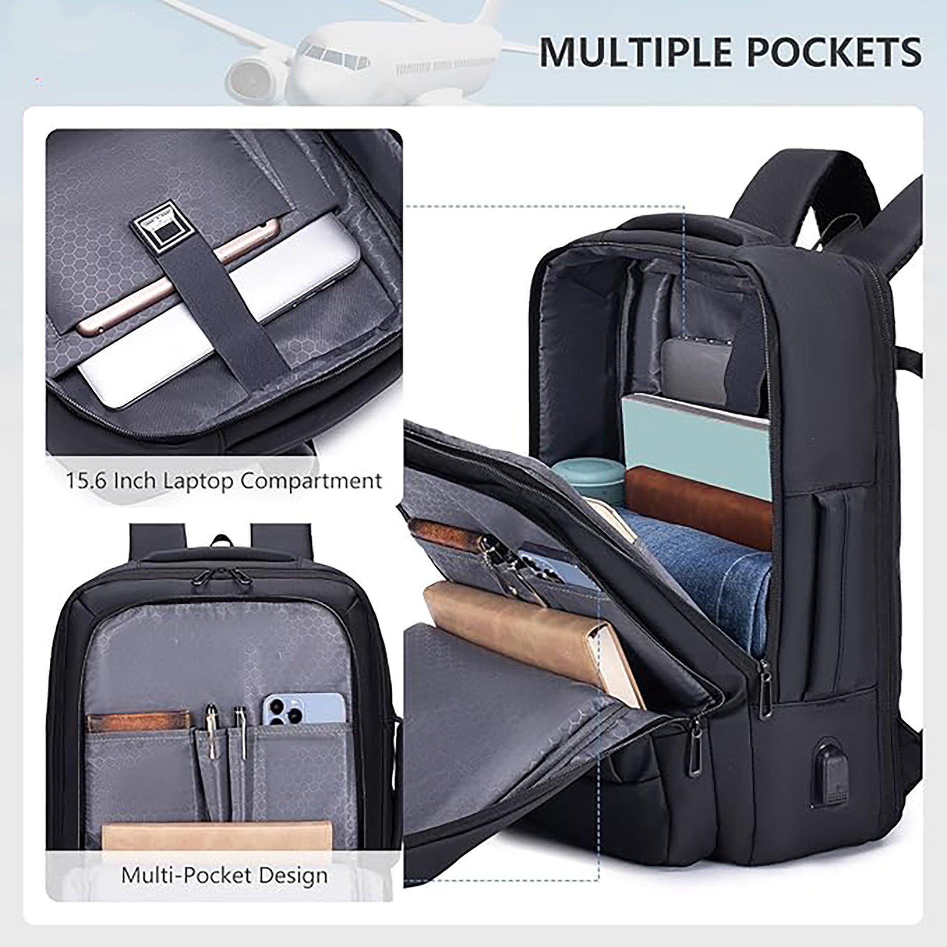 ibettertec Tagesrucksack Handgepäck Laptopfach Flugreiserucksack Herren Damen