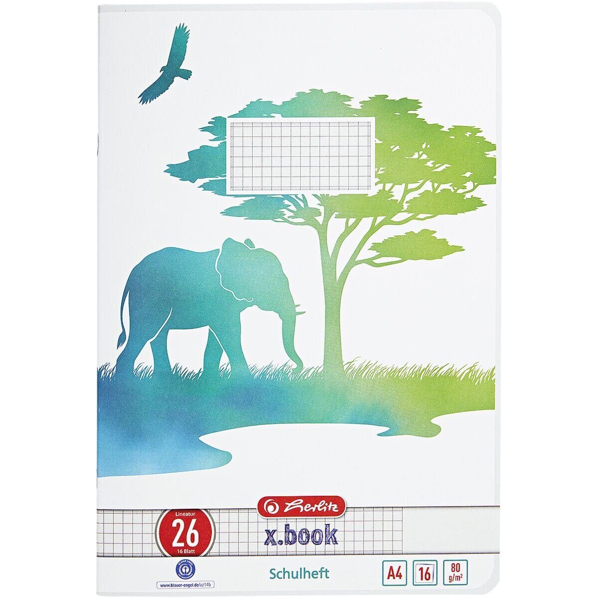 Herlitz Schulheft GREENline Elefant, A4, kariert (Lineatur 26) mit Rand, Recycling, ungelocht, 16 Blatt