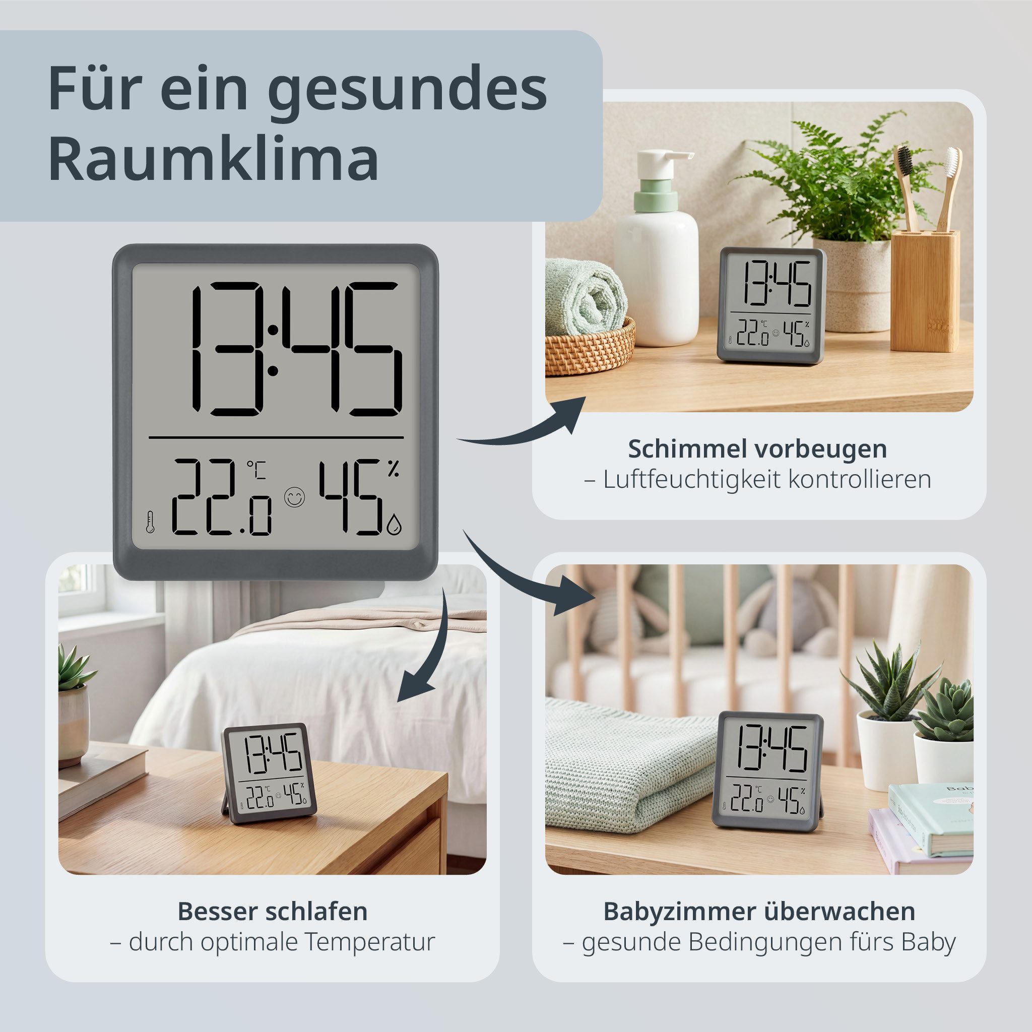 ADE Tischuhr Digitale Uhr mit Temperatur- und Luftfeuchtigkeitsanzeige mit Batterie, Wecker, Schlummerfunktion – Bild 3 von 5