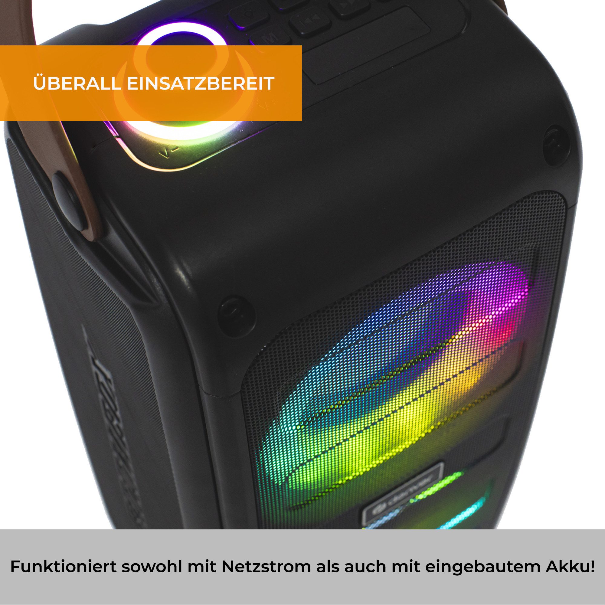 Denver BTV-230 Bluetooth-Speaker (100 W, 10m Bluetooth- Reichweite, LED Lichteffekte, Karaoke-Option)