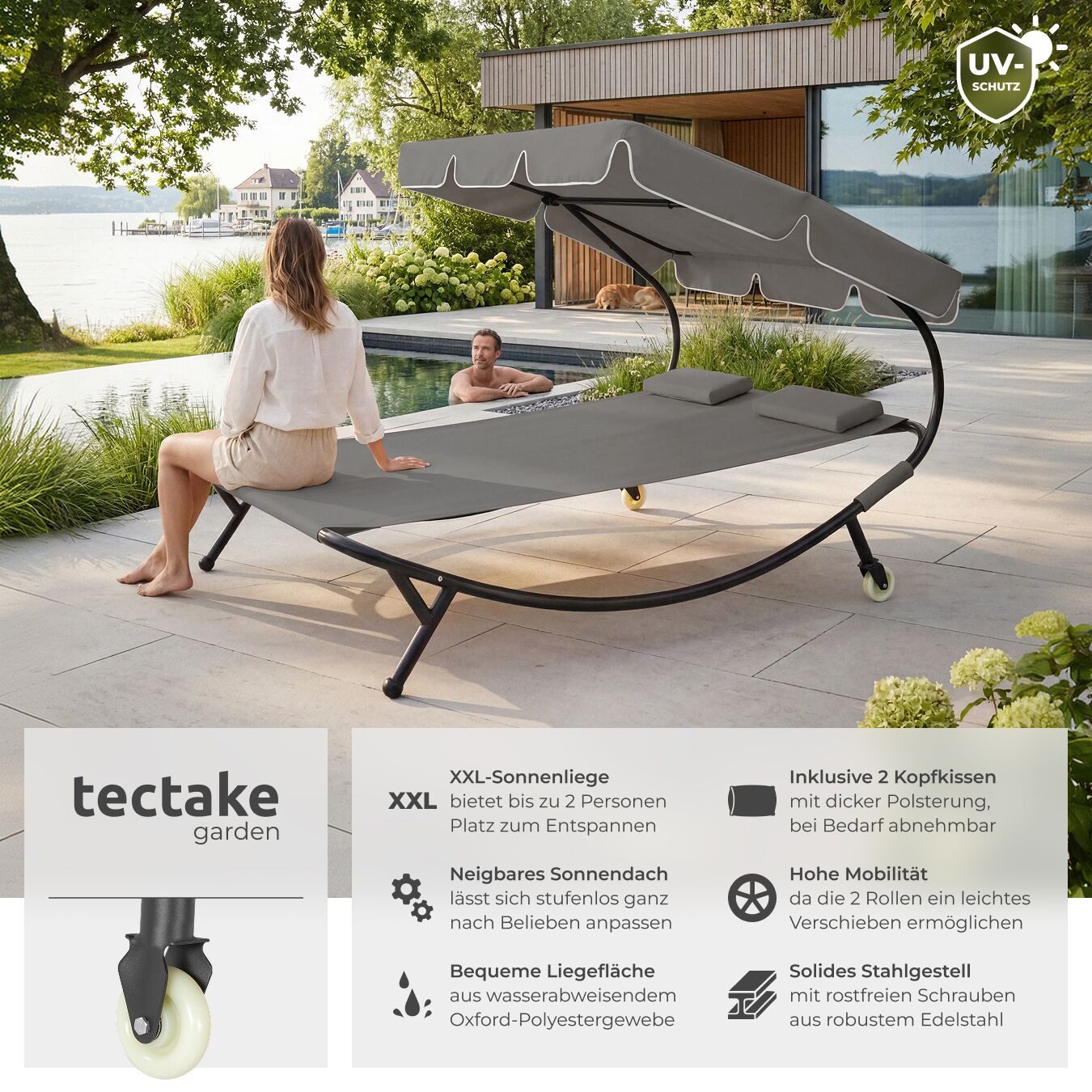 tectake Gartenliege Doppelliege für 2 Personen mit verstellbarem Sonnendach und Rollen, Outdoorliege Livorno, 1 St., in Schwarz/grau, widerstandsfähig, UV-beständig, Inkl. Kopfpolster