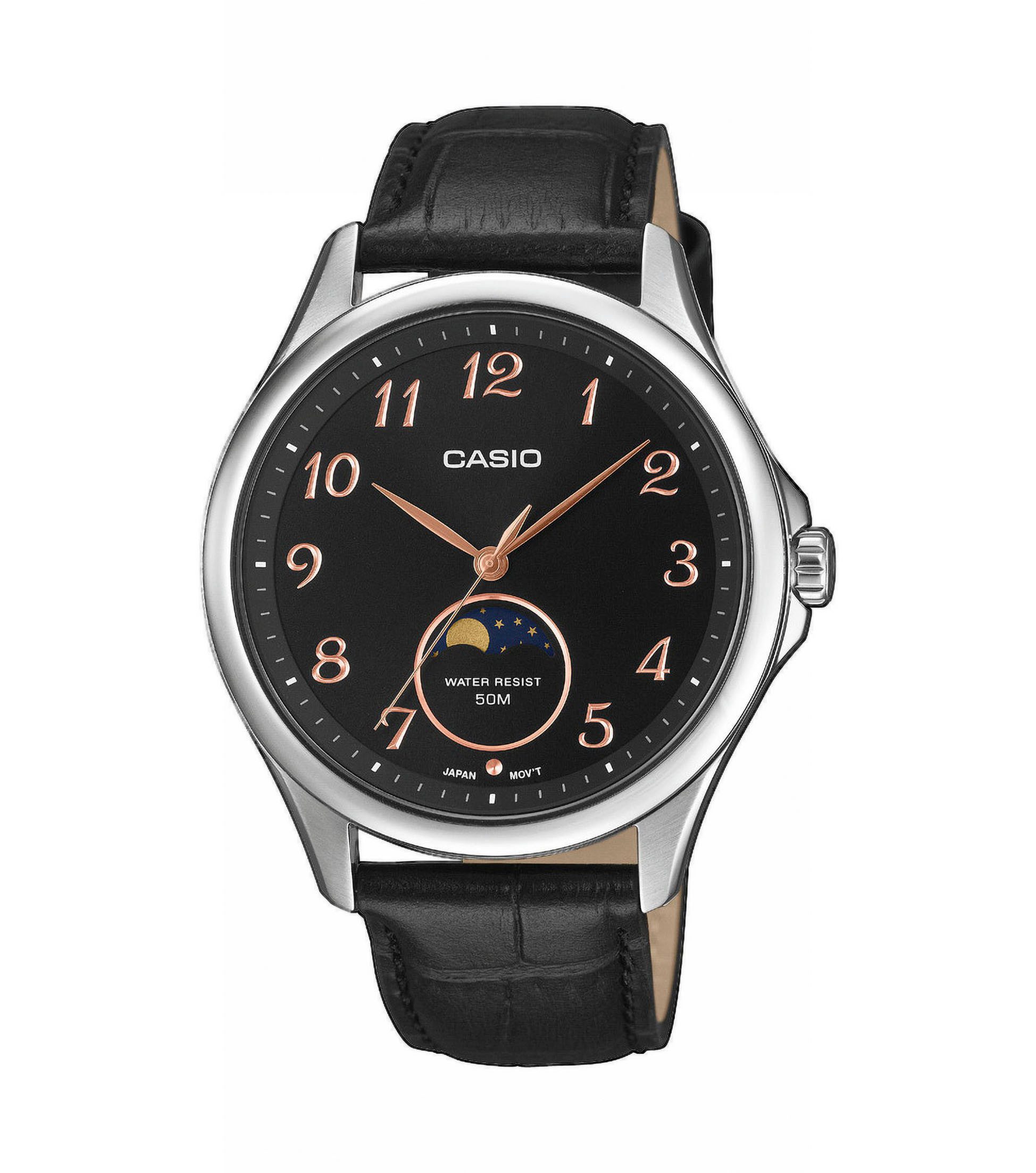 CASIO TIMELESS COLLECTION Quarzuhr MTP-M110L-1AVER, Armbanduhr, Herrenuhr, Lederarmband, analog, Mondphase