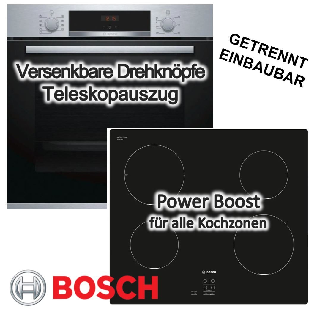 BOSCH Backofen-Set Teleskopauszug EcoClean + Induktionskochfeld PowerBooster autark 60cm