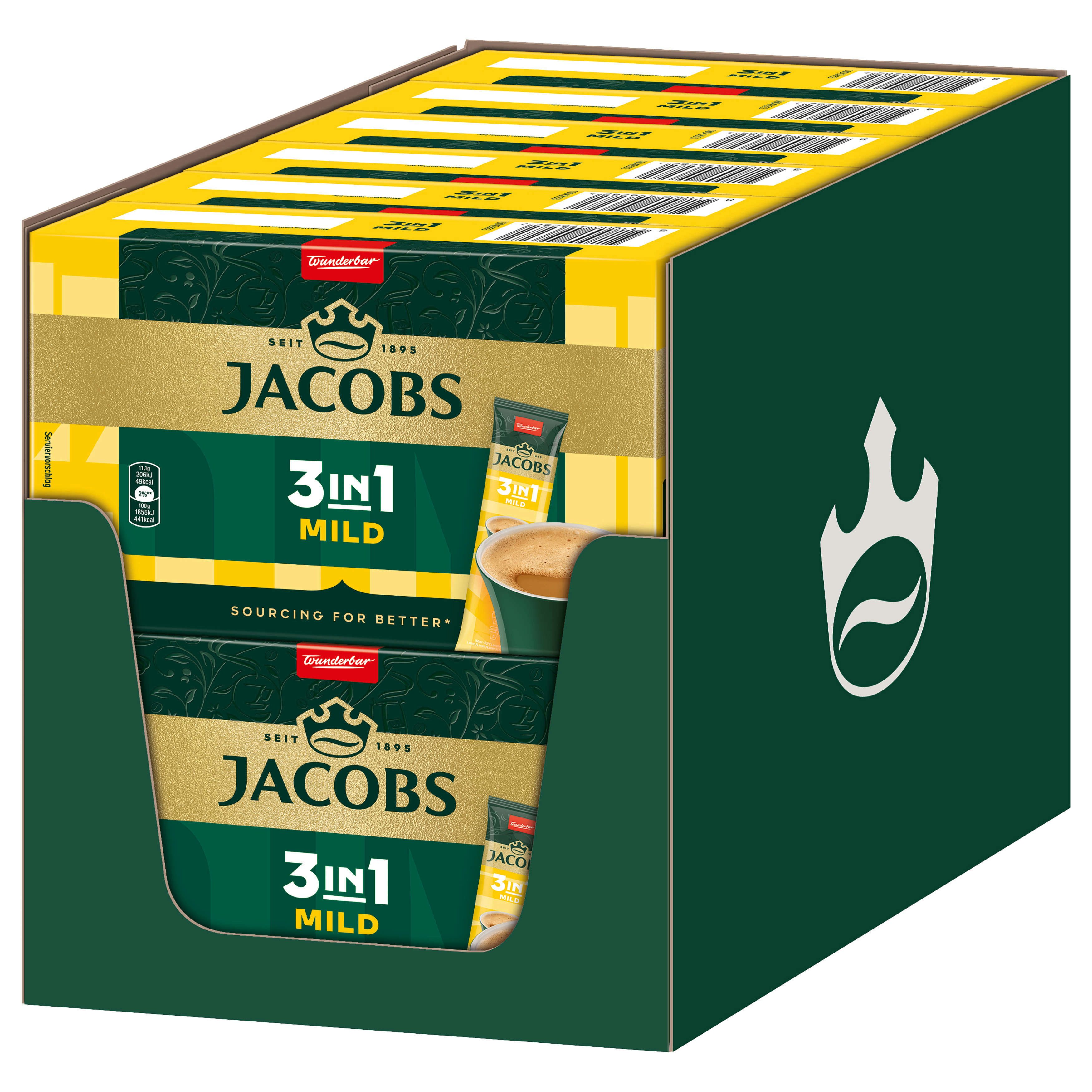 JACOBS Kaffee Löskaffee 3in1 MILD Instantkaffee 12 x 10 Sticks = 120 Getränke, 1332 g, (Packung, 12er Pack)