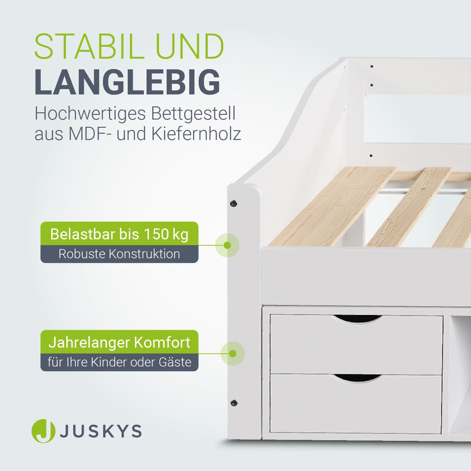 Juskys Stauraumbett Nalu, 90x200 cm Funktionsbett mit Lattenrost & Schubladen, Holz, Jugendbett