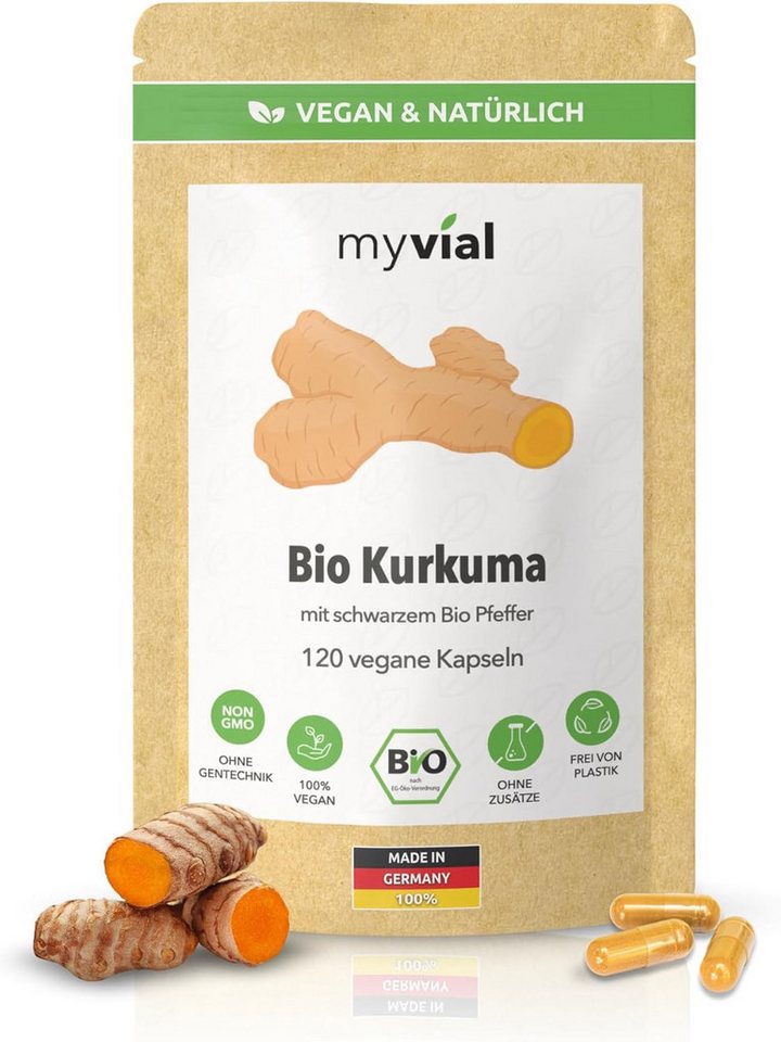 myvial Feine Bio Kurkuma & Bio Schwarzer Pfeffer Komplex Kapseln Kapseln, vegane Kapseln, Curcumin, Gelbwurz à 120 St., plastikfrei verpackt, 30 Tage Vorrat, höchste Qualität