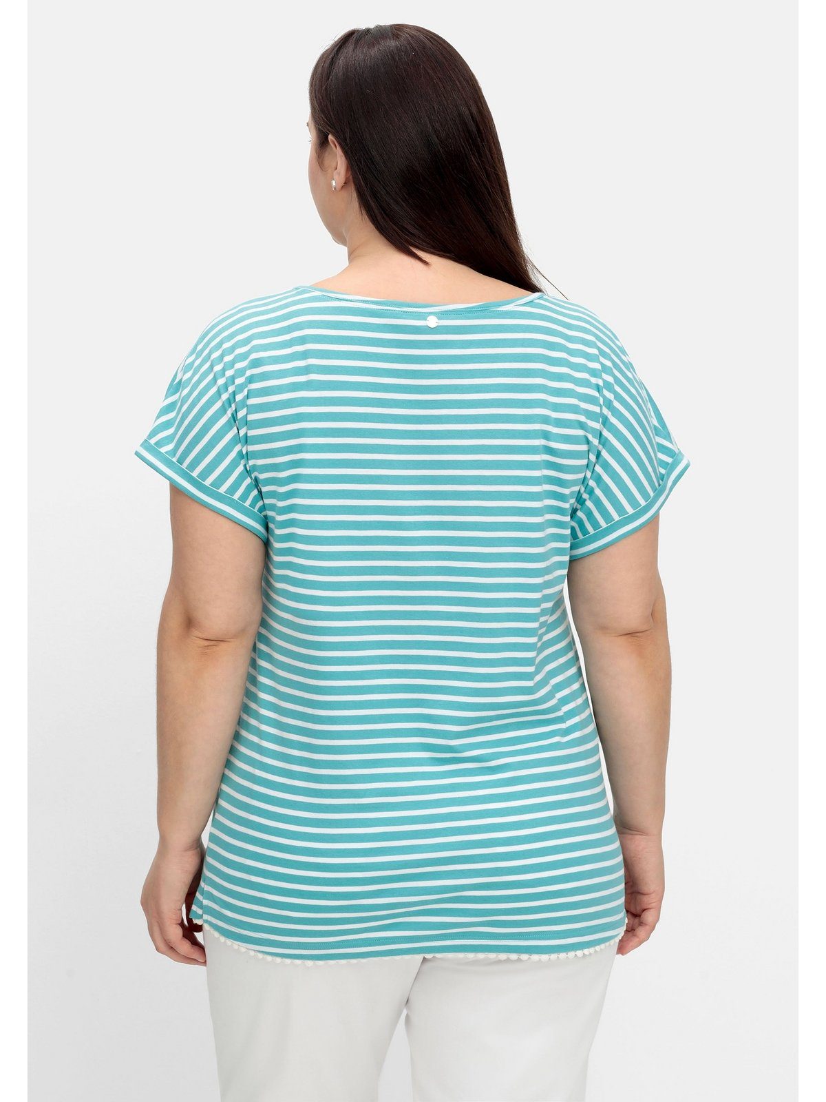 Ringeln aqua Saum Große Oversize-Shirt mit am garngefärbten Größen und Dekokante Sheego