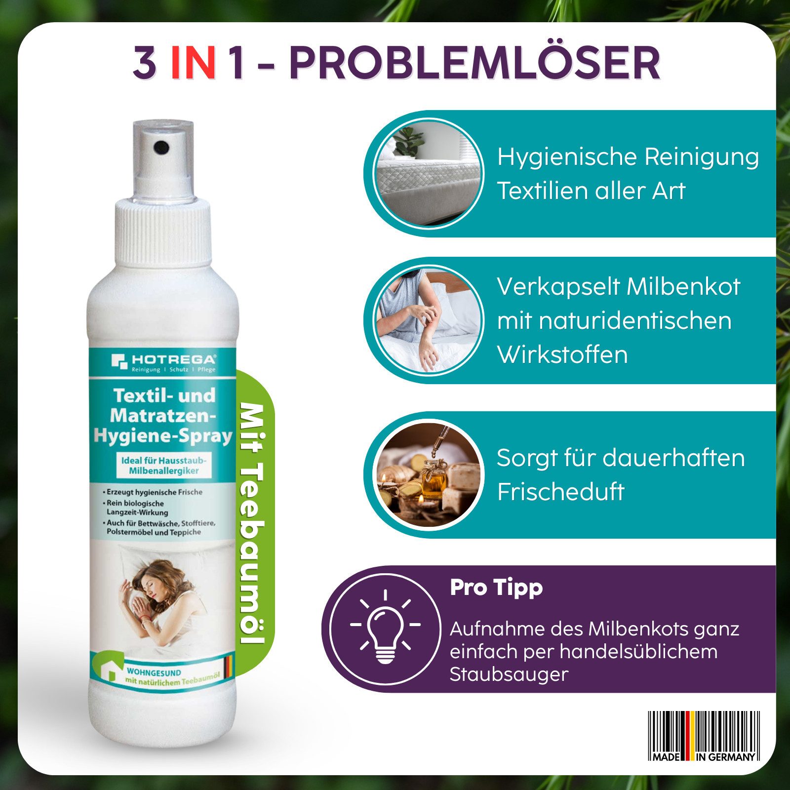 HOTREGA® Textil Matratzenhygiene Spray entfernt Hausstaub Milbenallergene 250ml Universalreiniger