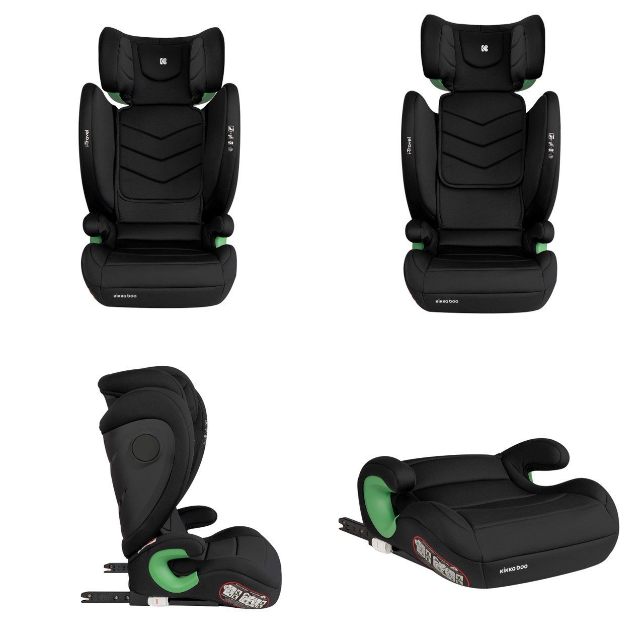 Kikkaboo Kindersitzerhöhung cm) schwarz Isofix, i-Size, (100-150 kg, 36 Kindersitz i-Travel, Kopfstütze verstellbar bis