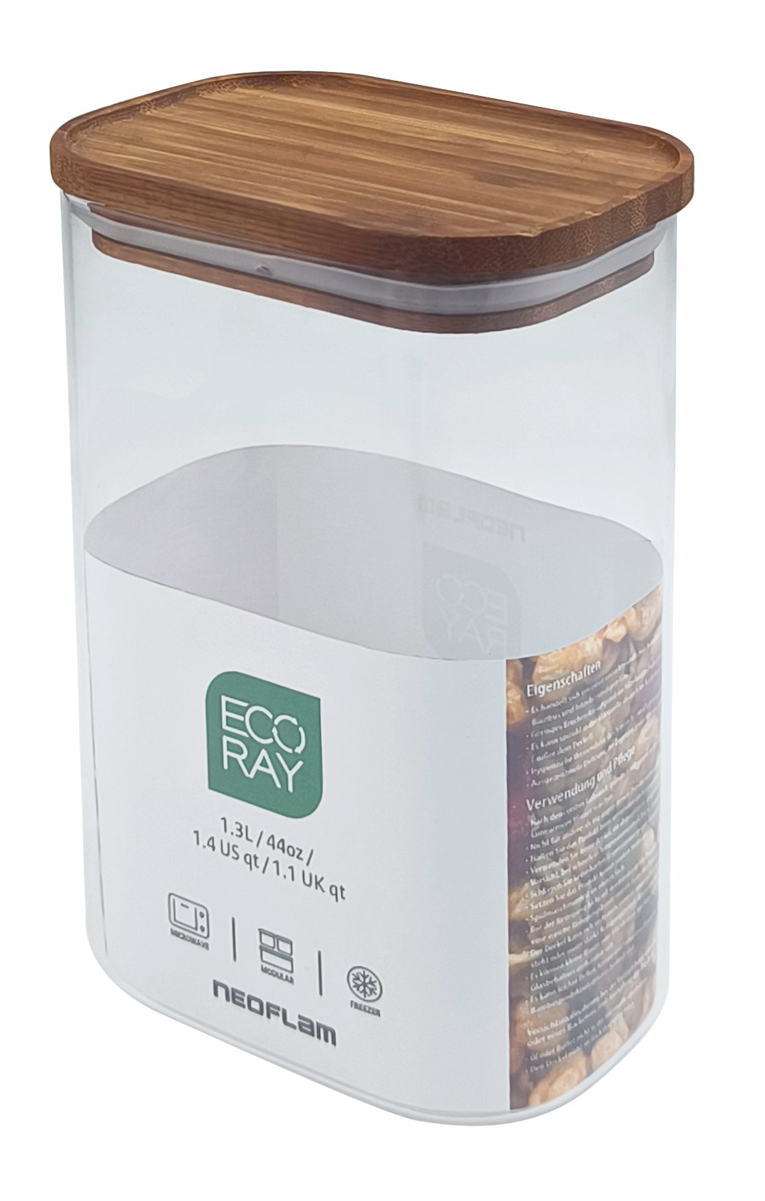 NEOFLAM® Vorratsglas Ecoray Glas Vorratsbehälter mit Bambusdeckel, rechteckig, 1.3L, Borosilikatglas, Bambus, (1-tlg)