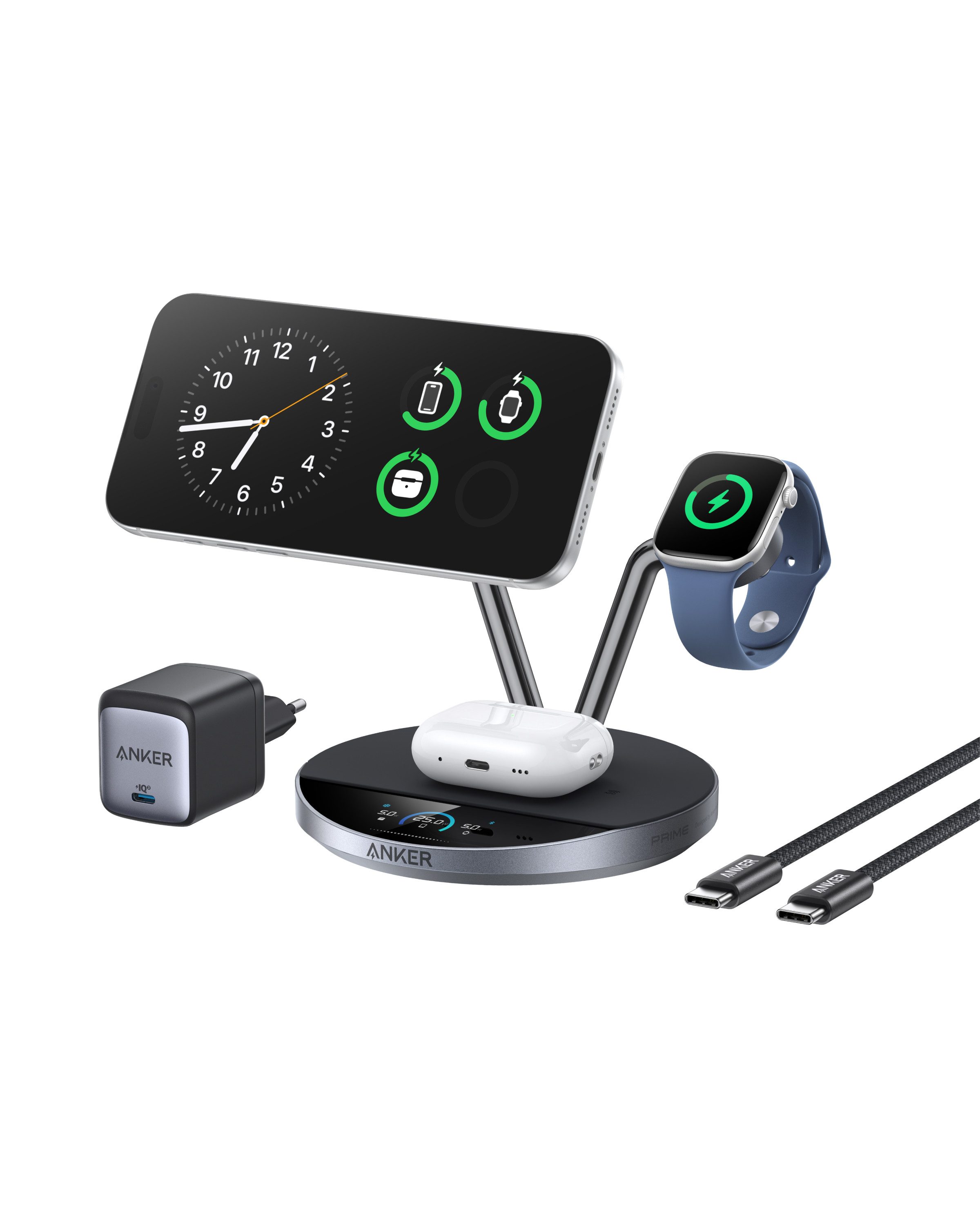 Anker Anker Prime 3-in-1 Ladestation Qi2 25W Smart Display&TEC-Aktivkühlung Induktions-Ladegerät (Set, 3-in-1 Kabellose Ladestatio, 65W GaN-Netzteil, 1,5m USB-C Kabel, MagSafe-kompatibles kabelloses Ladegerät)