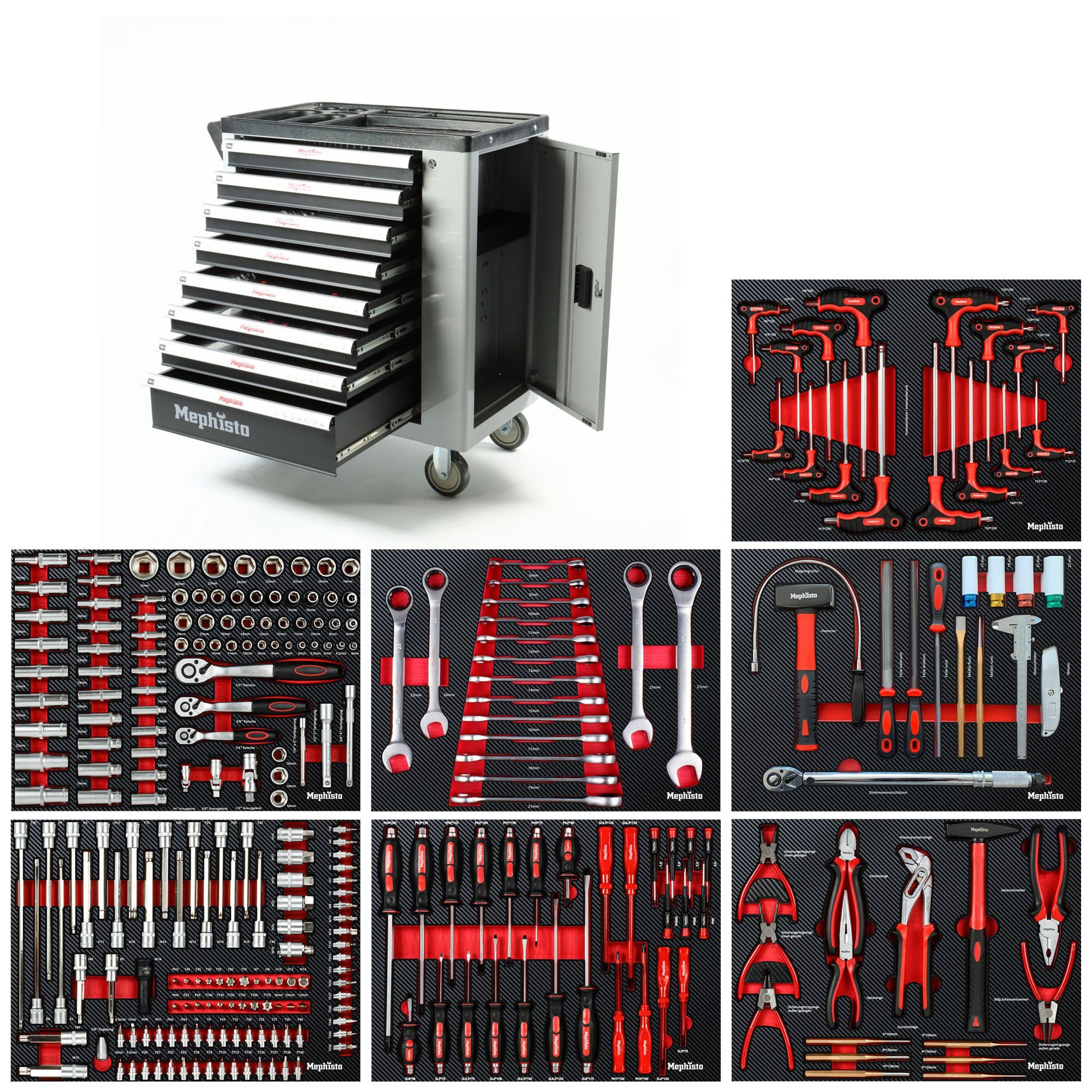Mephisto-Tools Werkzeugwagen, (fertig montiert und bestückt), Schubladen abschließbar und bis zu 35 kg belastbar, 2 Schlüssel inkl.
