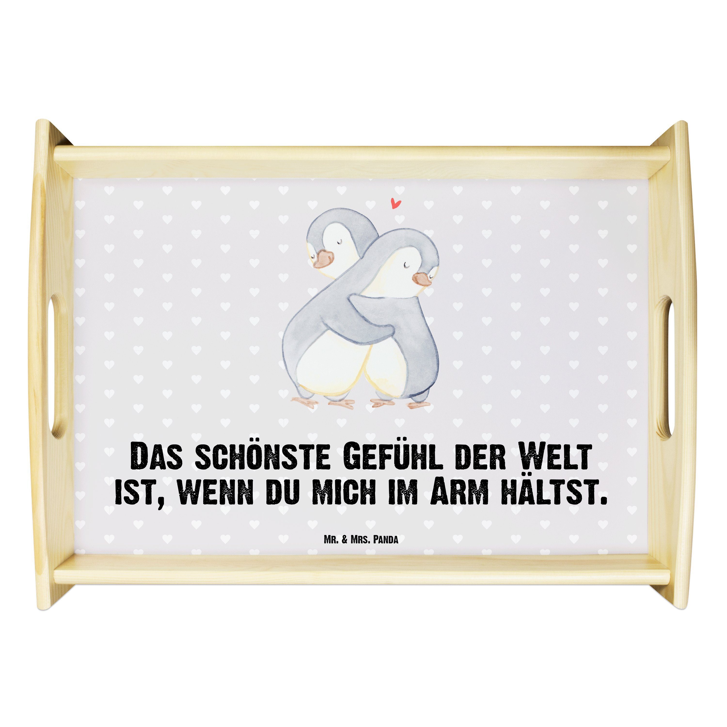 Mr. & Mrs. Panda Tablett Pinguine Kuscheln - Grau Pastell - Geschenk, Küchentablett, Ehemann, Echtholz lasiert, (1-tlg)