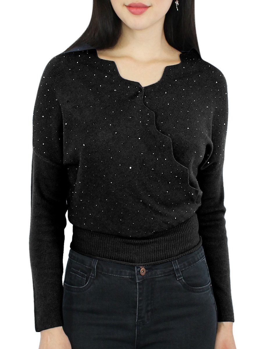 dy_mode V-Ausschnitt-Pullover Damen Feinstrick Pullover mit Glitzer Eleganter Kurzpullover in Unifarben, mit Glitzer
