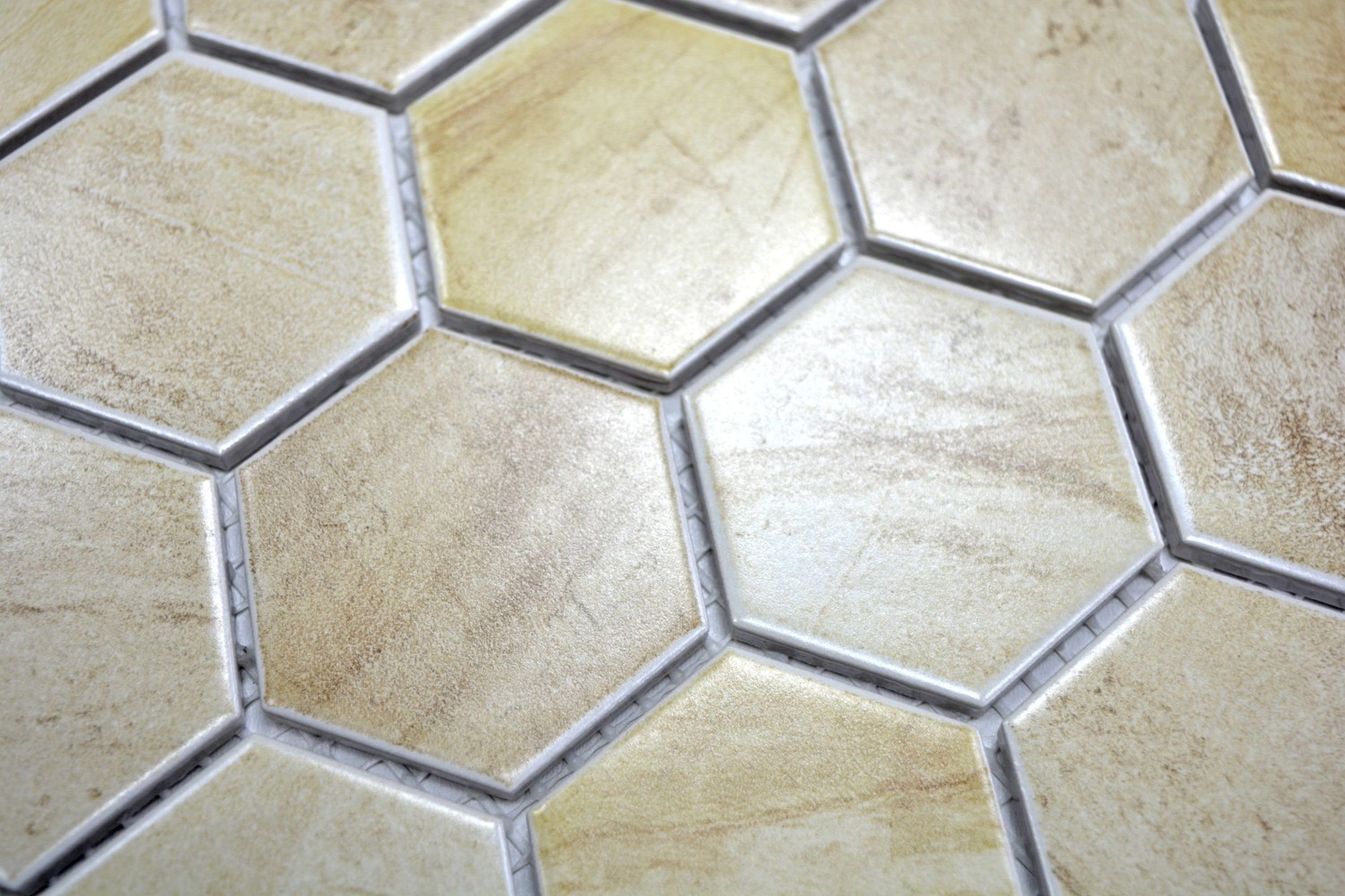 beige matt Mosaikfliesen / Keramikmosaik Mosani Hexagon Matten 10 Mosaikfliesen