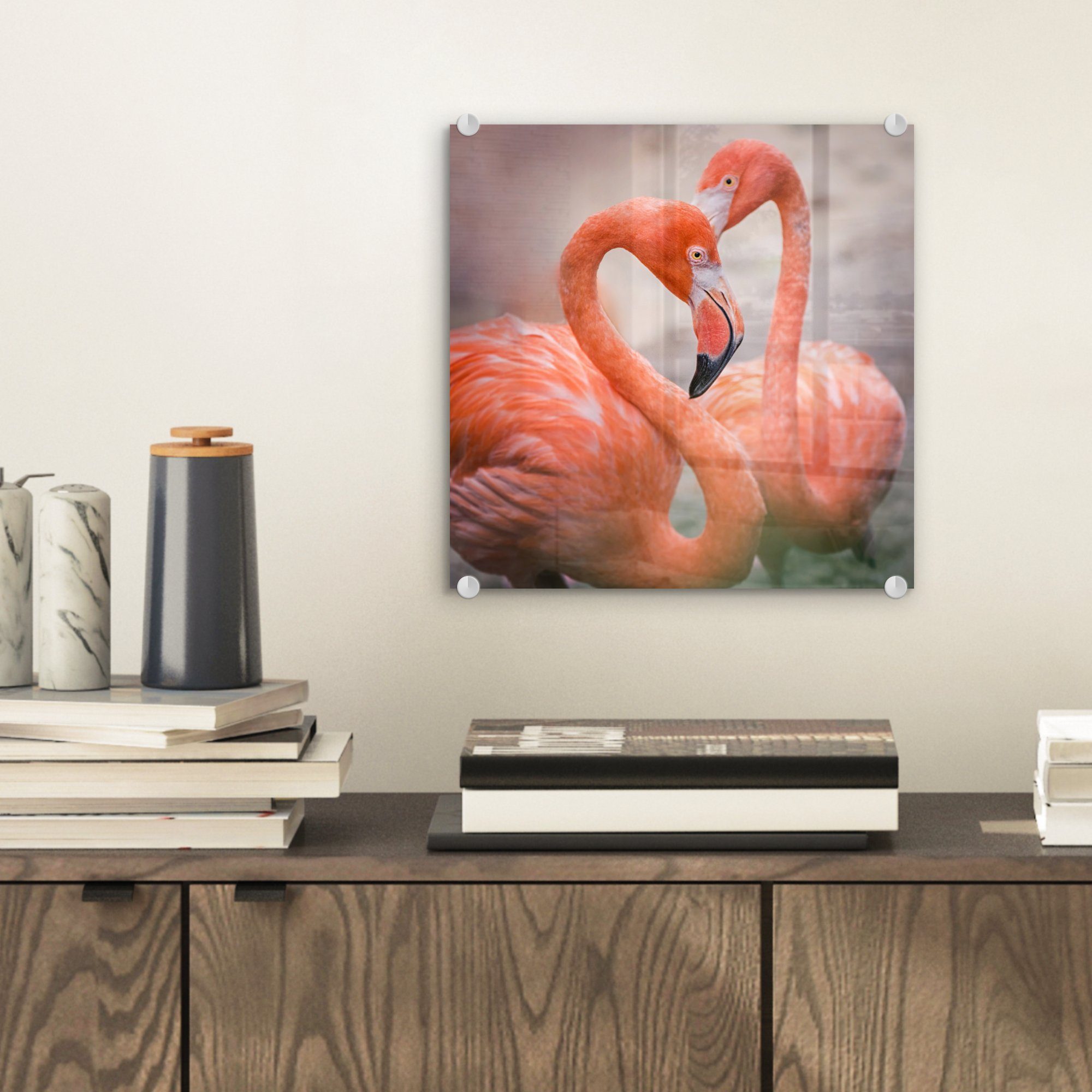 MuchoWow Acrylglasbild Zwei - Glasbilder auf rote Foto Herz, auf - Wanddekoration (1 zusammen Bilder bilden - Wandbild Glas Flamingos ein Glas St)