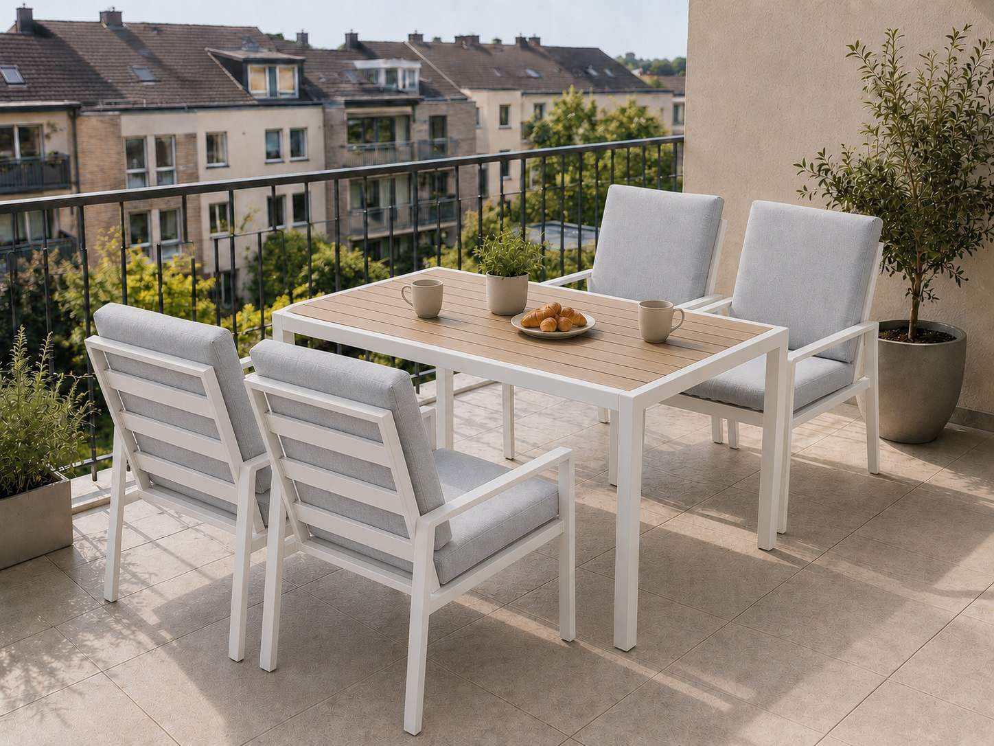 MeXo Gartenlounge-Set Gartenmöbel Set Aluminium Outdoor, (Garten-Essgruppe für 4 Personen, 5-tlg., mit Polywood Tisch & Auflagen), wetterfest für Terrasse & Garten