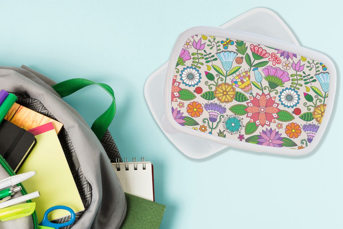 für MuchoWow Jungs für und Schmetterling - Brotdose, Blumen Design, und Kunststoff, Erwachsene, Brotbox weiß (2-tlg), Lunchbox Kinder - Mädchen Regenbogen -