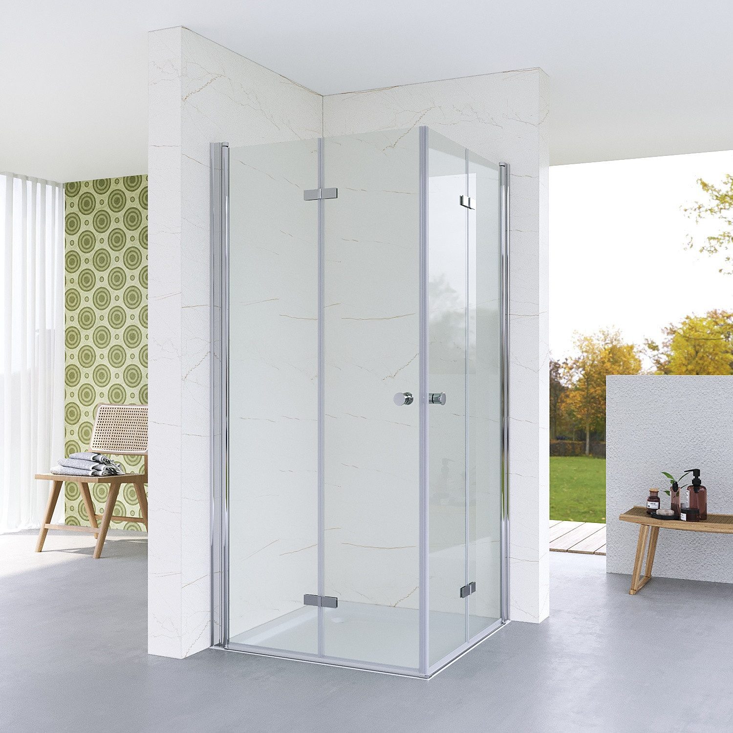 AQUALAVOS Eckdusche Eckeinstieg Duschkabine Falttür Falttürkabine 180º doppelt Falttüren, BxT: 75x100 cm, 5 mm Einscheiben-Sicherheitsglas (ESG), Tür öffnet nach innen oder außen, ebenerdiger Einbau möglich