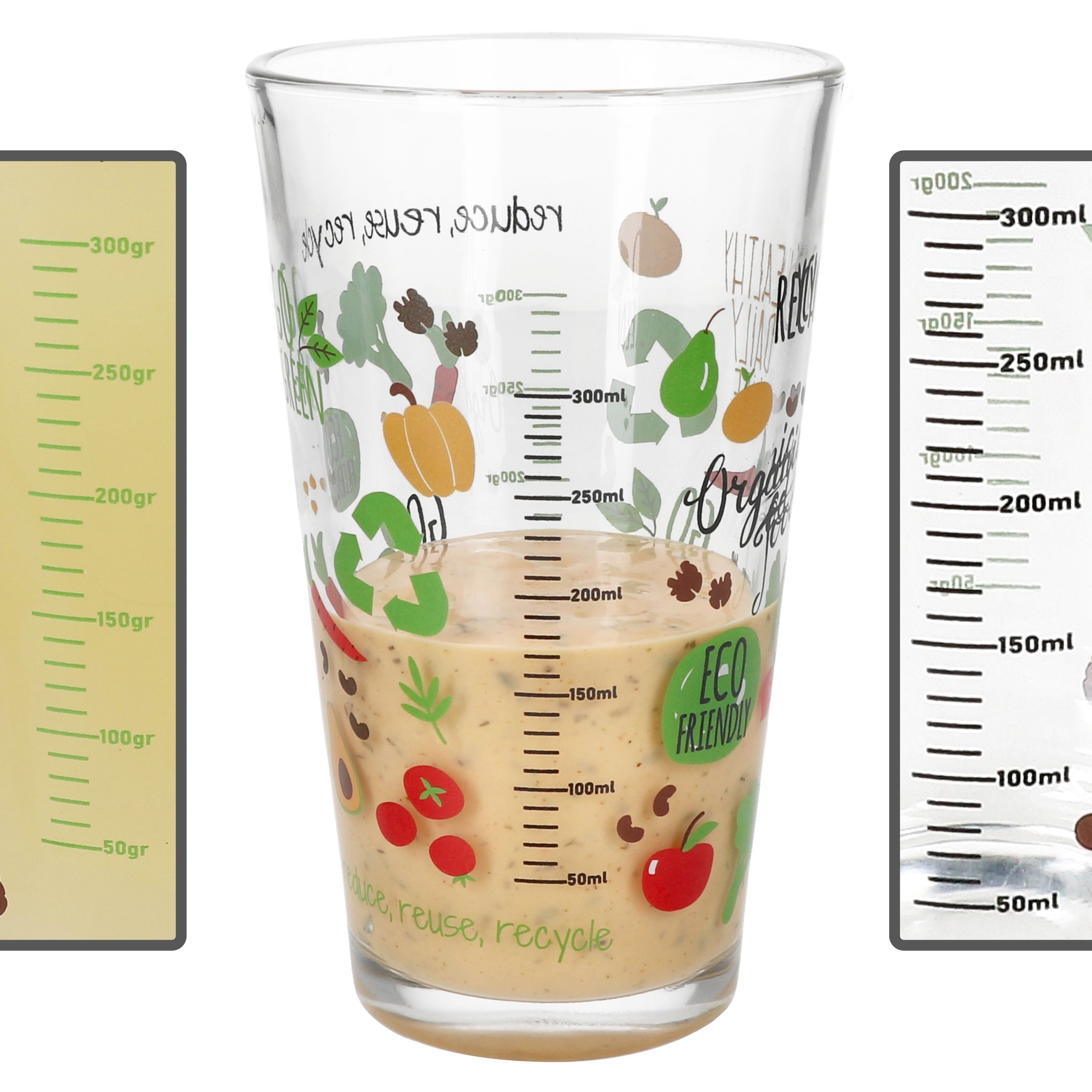 MamboCat Glas Organic Gemüse Trinkglas mit Skala Messbecher 0,3L Milliliter Gramm, Glas