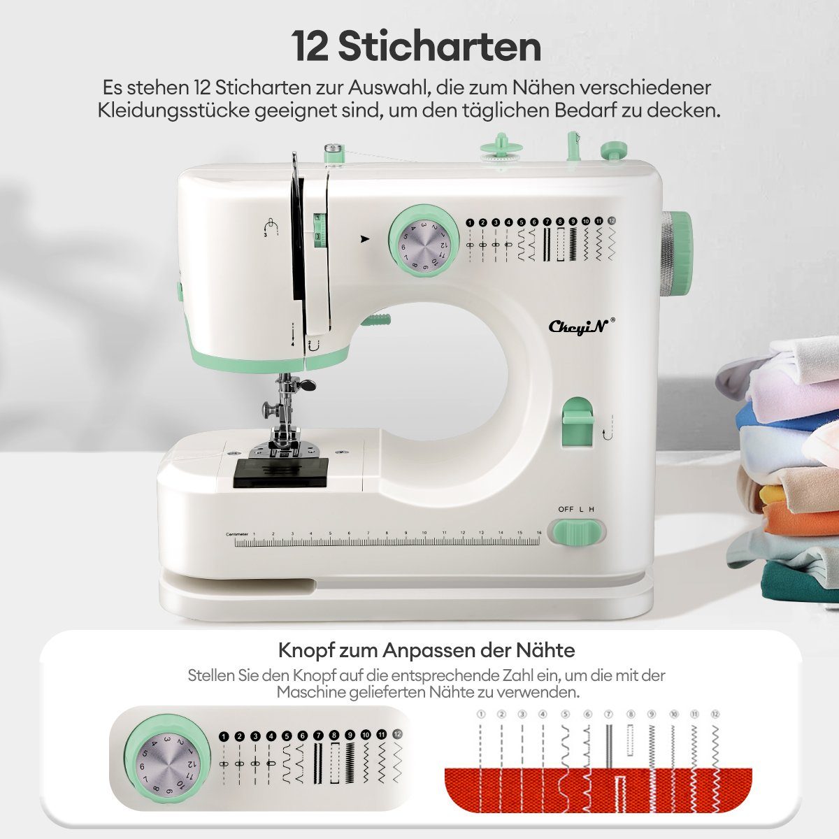 CkeyiN Nähmaschine Kleine Haushaltsnähmaschine Multifunktionale Mini-Handnähmaschine, 12 Programme, mit 12 integrierten Sticharten, Doppelnadel, 2 Geschwindigkeit