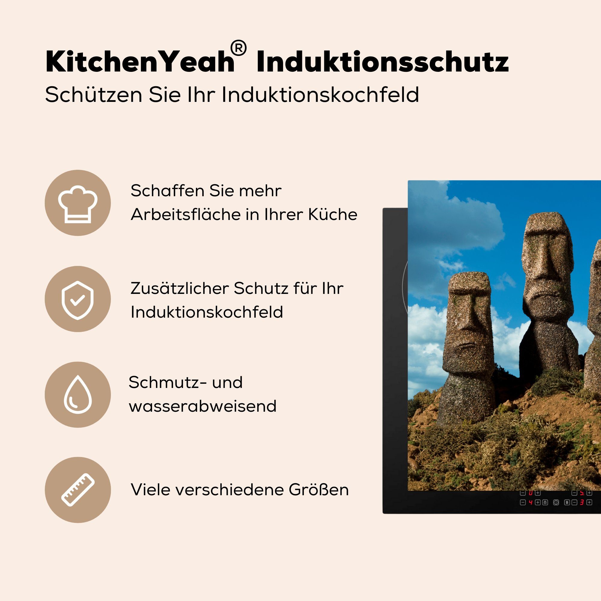 MuchoWow Herdblende-/Abdeckplatte Fünf Osterinsel, (1 für tlg), Moai-Statuen Schutz der Vinyl, küche, Ceranfeldabdeckung die auf cm, Induktionskochfeld 71x52