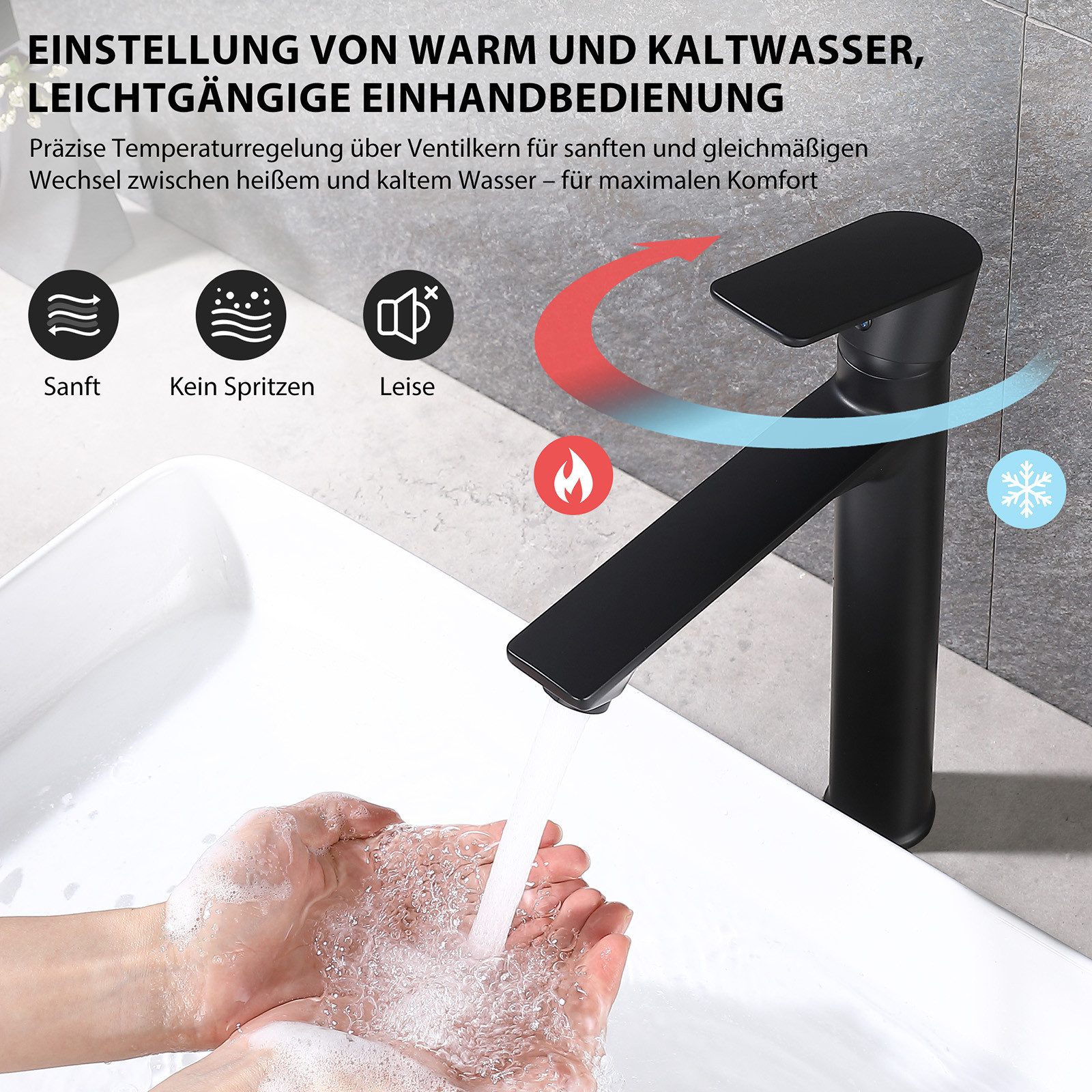 HOMELODY Waschtischarmatur Einhebelmischer Bad Wasserhahn Mischbatterie Armatur Waschbecken Keramikkartusche, Perlator, 3/8 Anschluss, einfache Montage, Schwarz