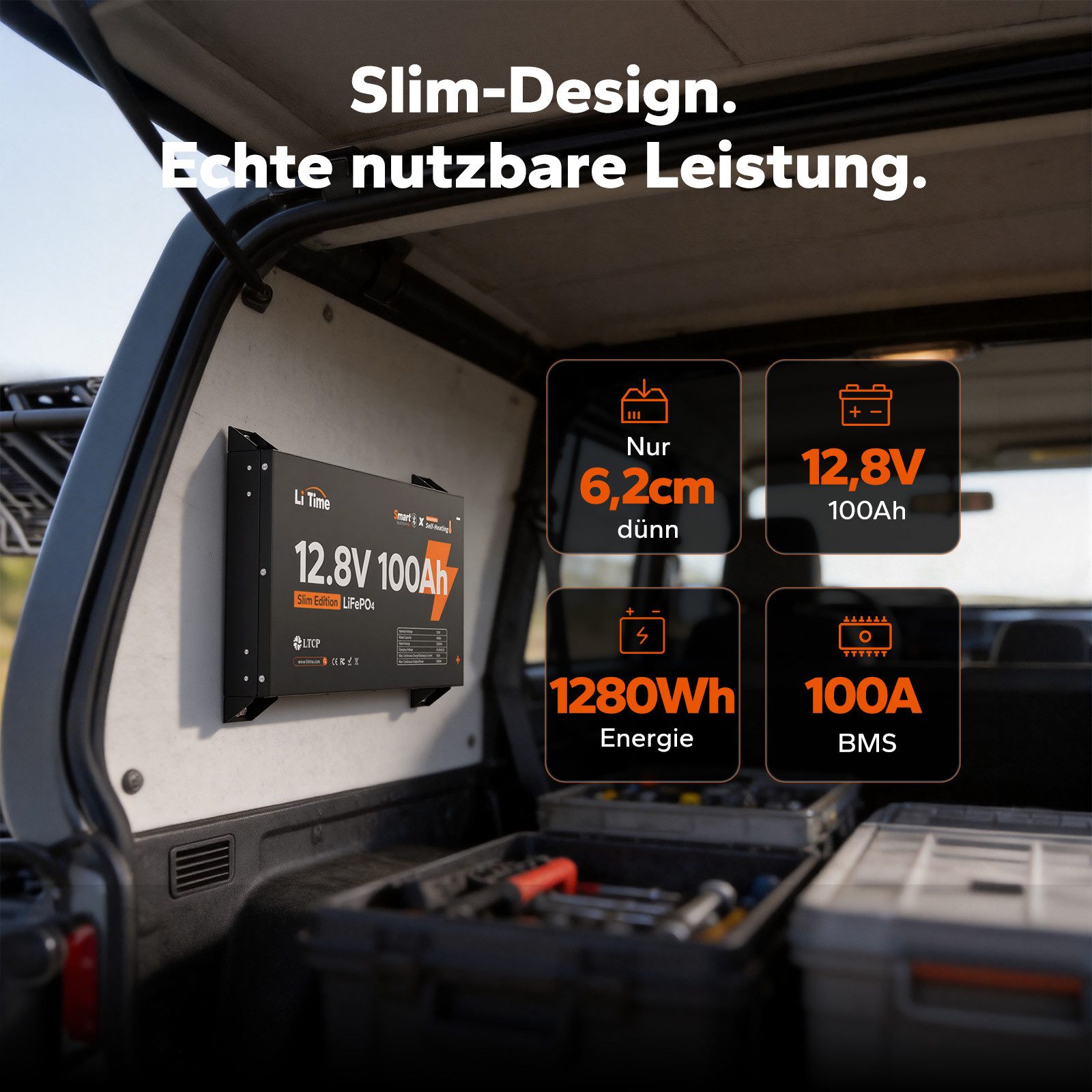 LiTime 12V 100Ah Ultra Slim LiFePO4 Batterie mit Bluetooth Selbsterwärmung Solarakkus (12 V), niedrige Selbstentladung, geeignet für Wohnmobile Pickups Campervans