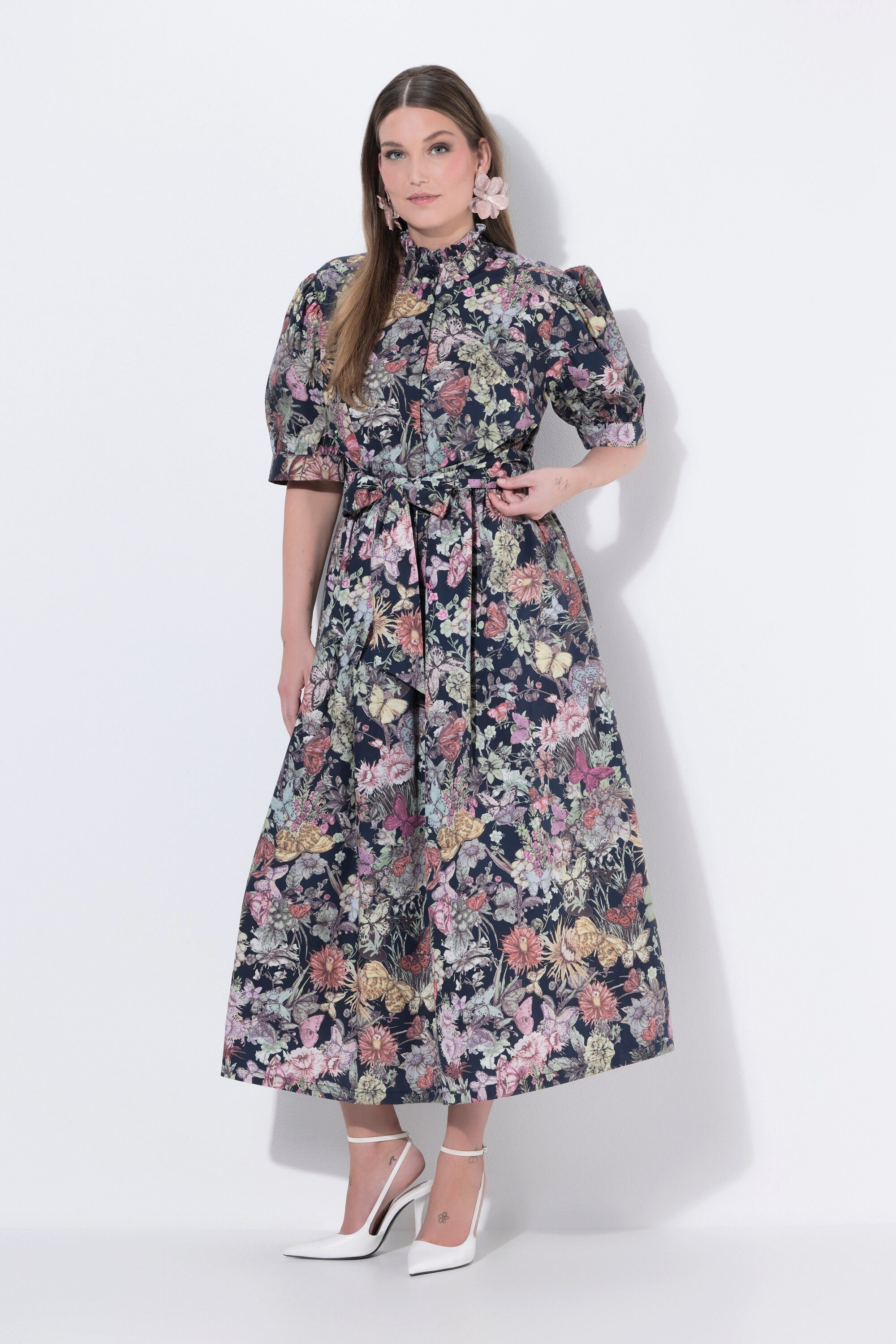 Ulla Popken Maxikleid Maxikleid Gobelinmuster A-Linie Stehkragen Halbarm