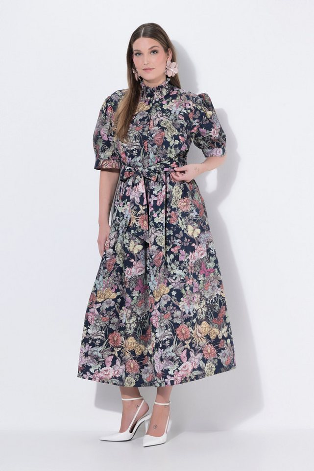 Ulla Popken Maxikleid Maxikleid Gobelinmuster A-Linie Stehkragen Halbarm