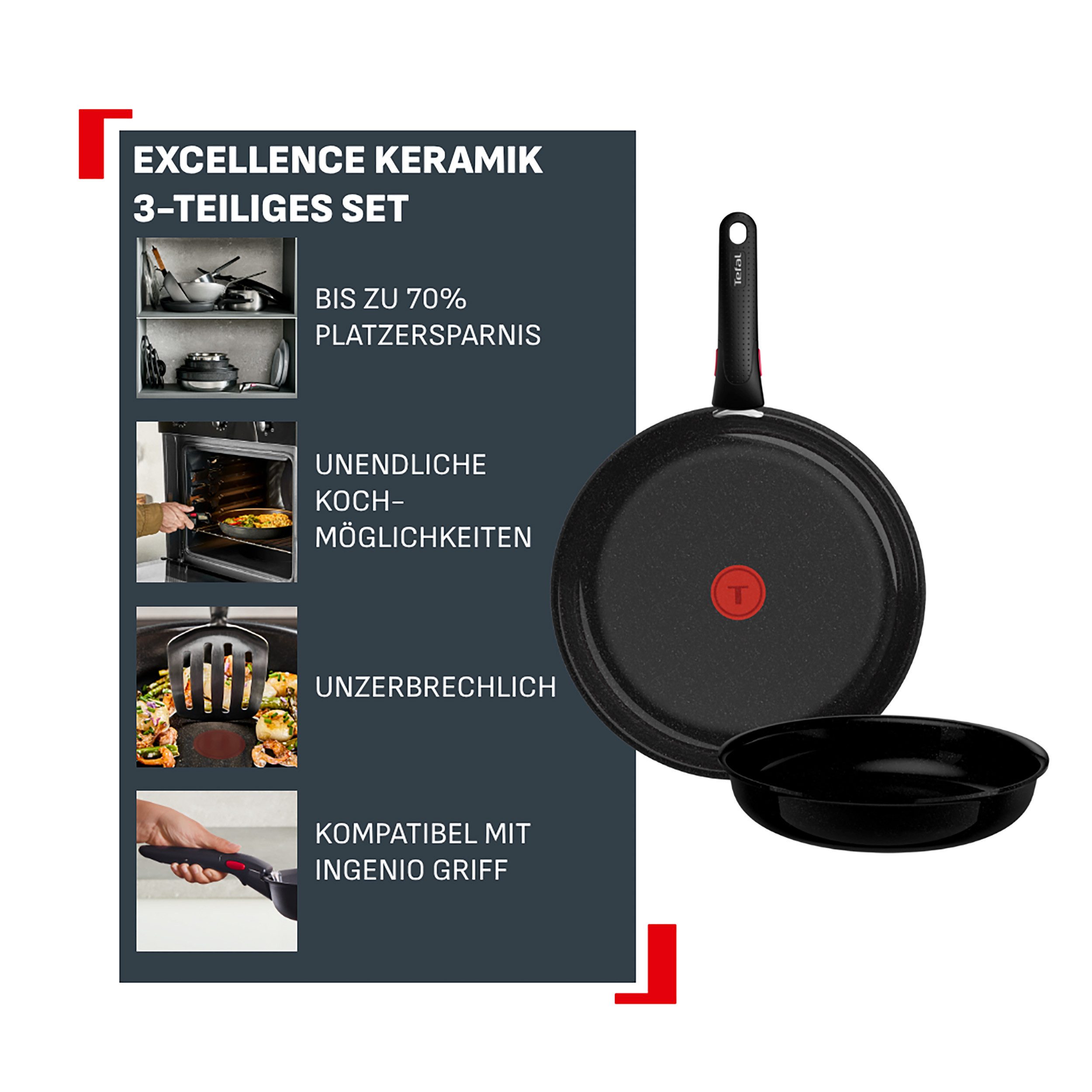 Tefal Pfannen-Set Ingenio Excellence Keramik, Aluminium (Set, 3-tlg), abnehmbarer Ingenio-Griff, Thermo-Signal, stapelbar, Induktion – Bild 3 von 5