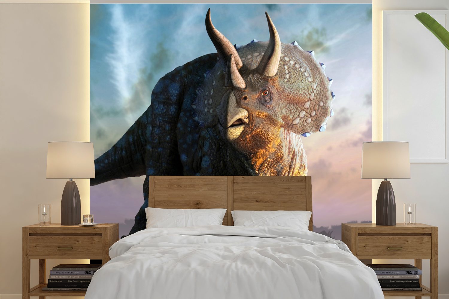 Geschichte (5 Tapete Schlafzimmer, Dino Kinder - - MuchoWow Junge, Wandtapete Triceratops Wohnzimmer - Fototapete oder St), - Vinyl - bedruckt, Kinder Kleiner für Matt,