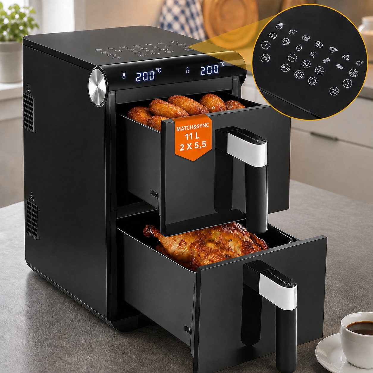 Ledklang Heißluftfritteuse 2 Kammern XXL 11L Gesamtvolumen 13-in-1 programme Air fryer Schwarz, 2800 W, getrennter Temperatur Zeiteinstellung für Beilagen gleichzeitig