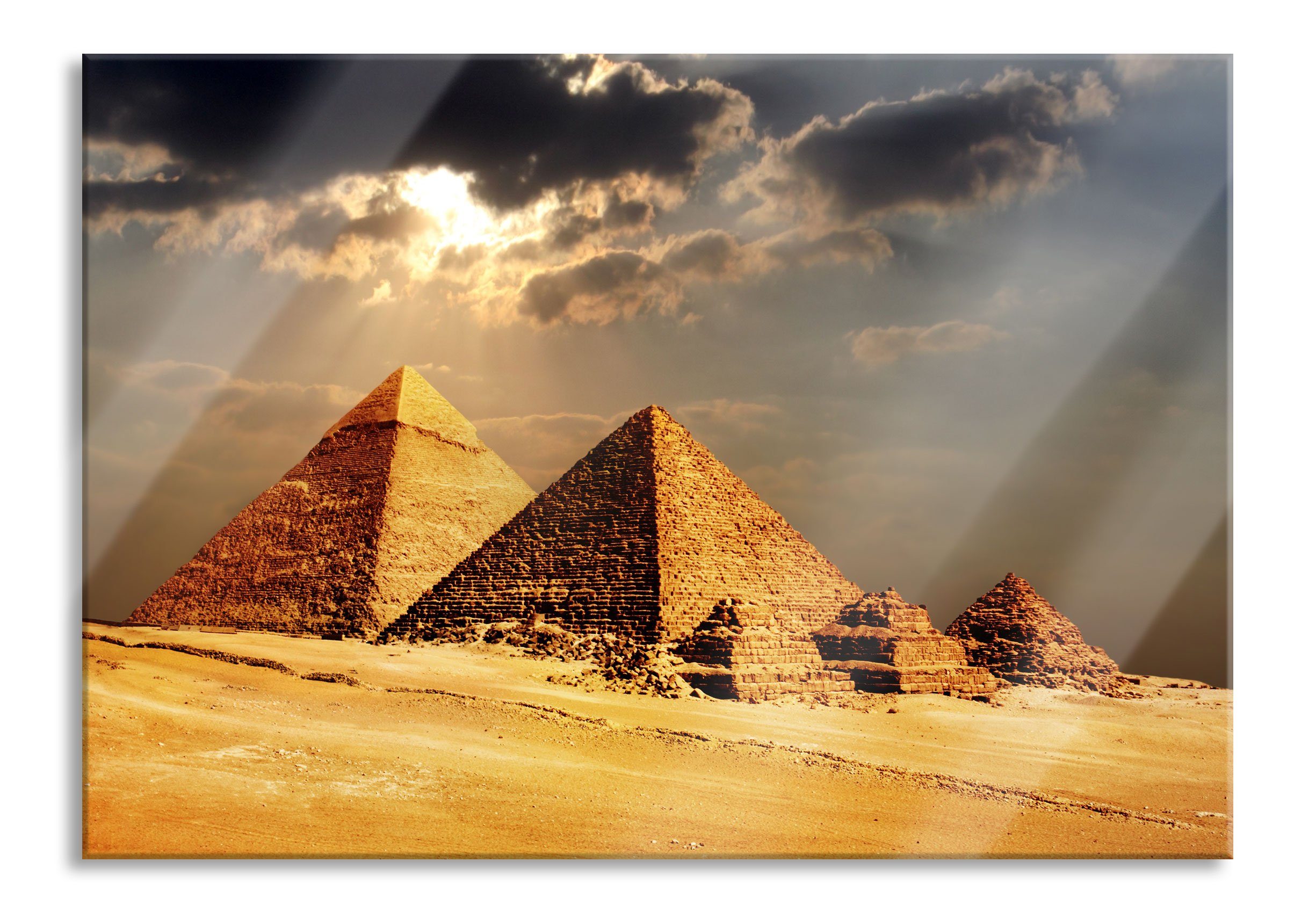 Pyramiden und von Pixxprint inkl. von Pyramiden aus im Sonnenlicht, Echtglas, Abstandshalter Gizeh Glasbild Gizeh im Aufhängungen Sonnenlicht (1 St), Glasbild