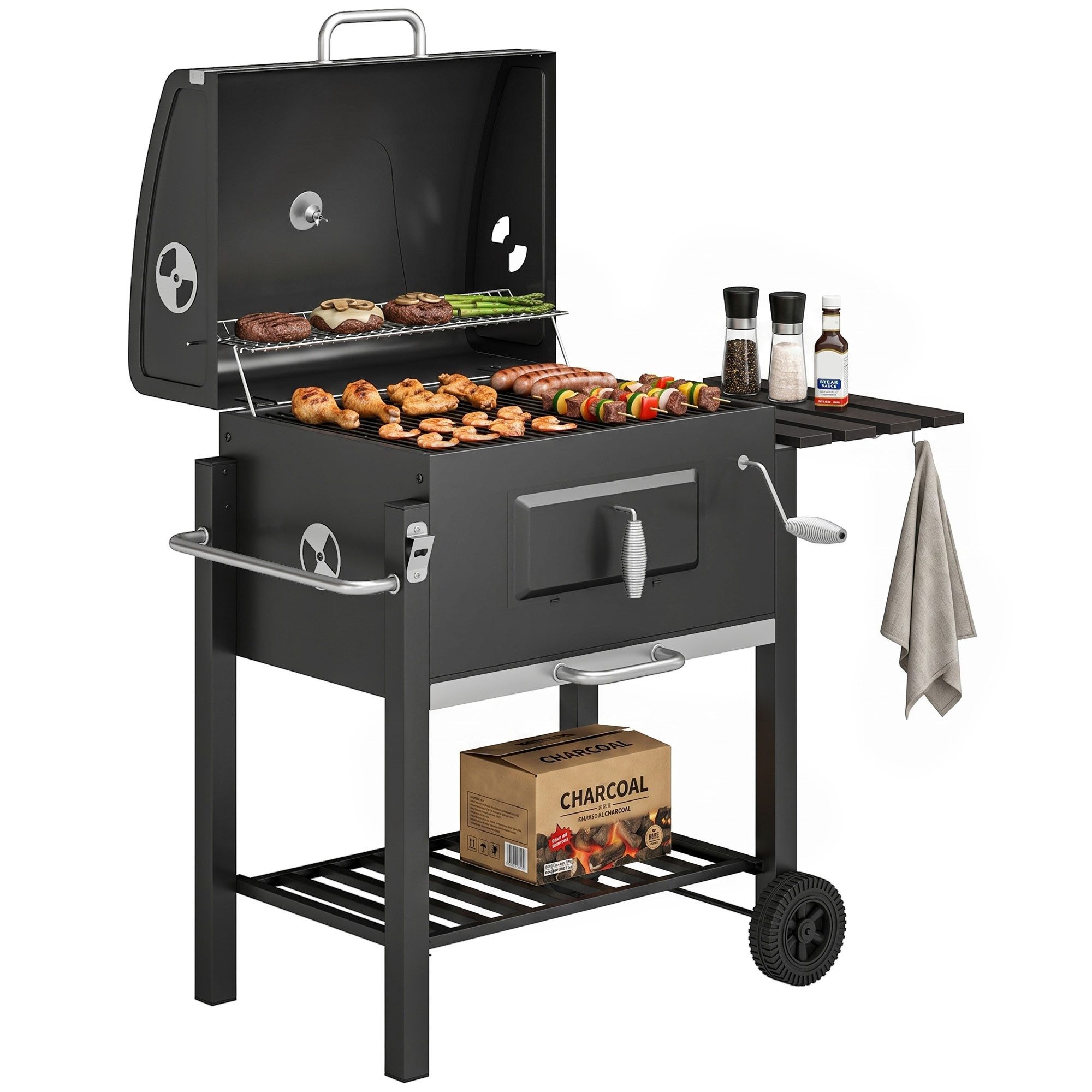MC Star Holzkohlegrill Holzkohlegrill Smoker BBQ-Smoker, 1 Ablage, 1 Handtuchhalter, 2 Grillroste, 113 cm x 65 cm x 108 cm, Schwarz