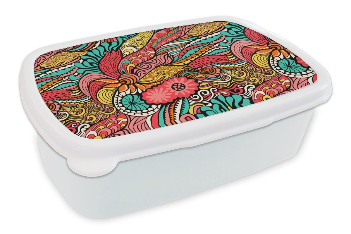 MuchoWow Lunchbox Bohème - Muster - Blumen, Kunststoff, (2-tlg), Brotbox für Kinder und Erwachsene, Brotdose, für Jungs und Mädchen weiß